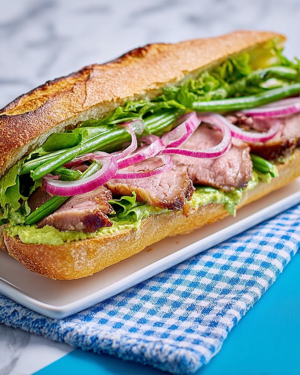 A long sandwich with a crusty toasted baguette sliced open to show layers inside: at the bottom is a spread of pale green sauce, on top of that several slices of grilled meat with a browned edge, then a layer of fresh curly green lettuce, bright green snap peas, and thinly sliced pink pickled onions on the very top. The sandwich rests on a white plate with a yellow tray underneath, all placed on a blue and white checkered cloth over a white marbled texture background. Photo taken with an iphone --ar 4:5 --v 7
