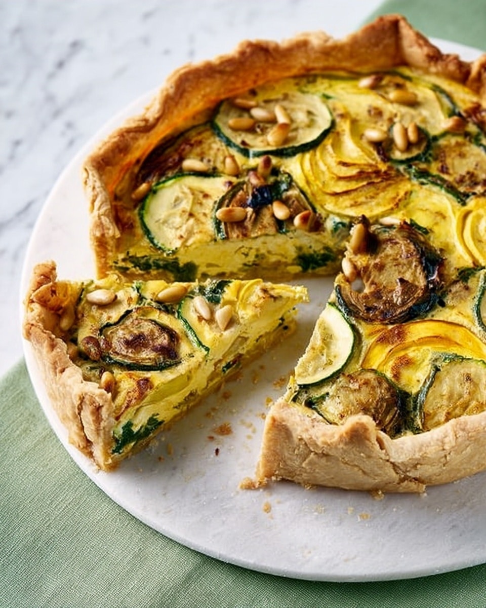 A rustic tart cut into four slices rests on a white plate, placed on a white marbled surface with a light green cloth beside it. The tart has a thick, golden-brown crust that is folded over the edge, showing its flaky texture. Inside, there is a creamy, pale yellow layer filled with roasted slices of zucchini and yellow squash, scattered and slightly browned on top. Pine nuts are sprinkled over the vegetables, adding a crunchy texture. A woman's hand is holding one slice, ready to lift it from the plate. The scene is bright with soft natural light. photo taken with an iphone --ar 4:5 --v 7