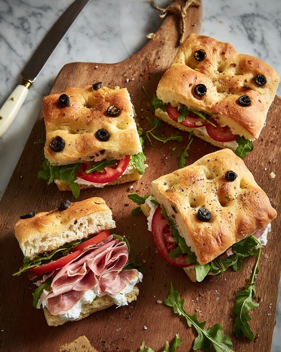 Four square focaccia sandwiches sit on a wooden board on a white marbled surface. Each sandwich has two layers of thick, golden-brown focaccia bread with black olives baked on top. Inside the sandwiches, the bottom layer holds green arugula, a slice of red tomato, and the middle layer has soft white cheese and thin pink prosciutto. One sandwich has its top focaccia bread lifted to show the filling. A knife with a cream handle rests nearby. Photo taken with an iphone --ar 4:5 --v 7