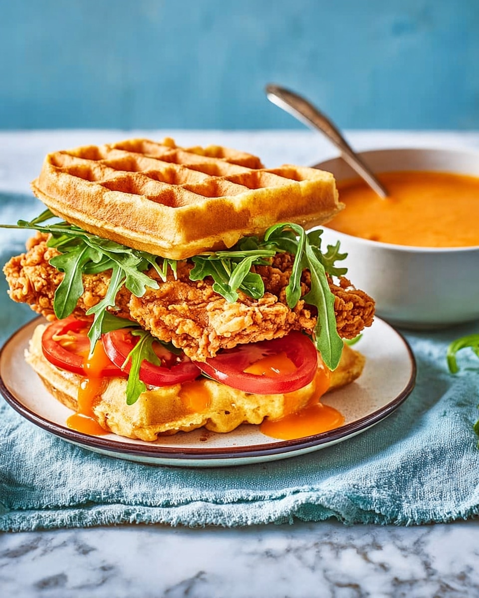 The image shows a sandwich made with two golden brown waffles as the top and bottom layers, both with a crisp, grid-like texture. Inside, there is a thick, crunchy fried chicken piece with a rough, crispy coating, topped with fresh green arugula leaves and bright red slices of tomato. A layer of melted orange cheese sauce is visible spreading slightly on the bottom waffle. The sandwich sits on a white plate with a rough edge, placed on a light blue cloth over a white marbled surface. To the right, there is a small white bowl filled with creamy orange sauce with a silver spoon inside. The background is a soft, blurred blue color. Photo taken with an iphone --ar 4:5 --v 7