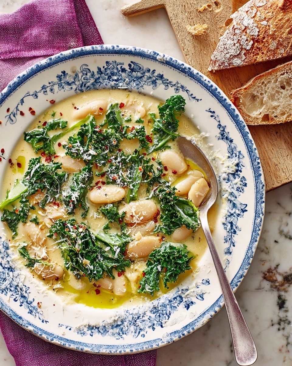 The dish is served in a white plate with blue floral patterns around the edge. It consists of creamy white beans in a light yellow sauce spread evenly as the base layer. On top, there are bright green wilted kale leaves scattered across the dish. There are small reddish-brown bits mixed throughout, possibly bacon or chili flakes, adding a speckled texture. Shredded white cheese is sprinkled over everything, along with tiny yellow zest pieces adding bright detail. A silver spoon rests inside the plate on the right side. To the plate’s right, there is a crusty loaf of bread with a golden-brown crust placed on a wooden board. The background has a white marbled texture and a purple cloth near the top edge. photo taken with an iphone --ar 4:5 --v 7