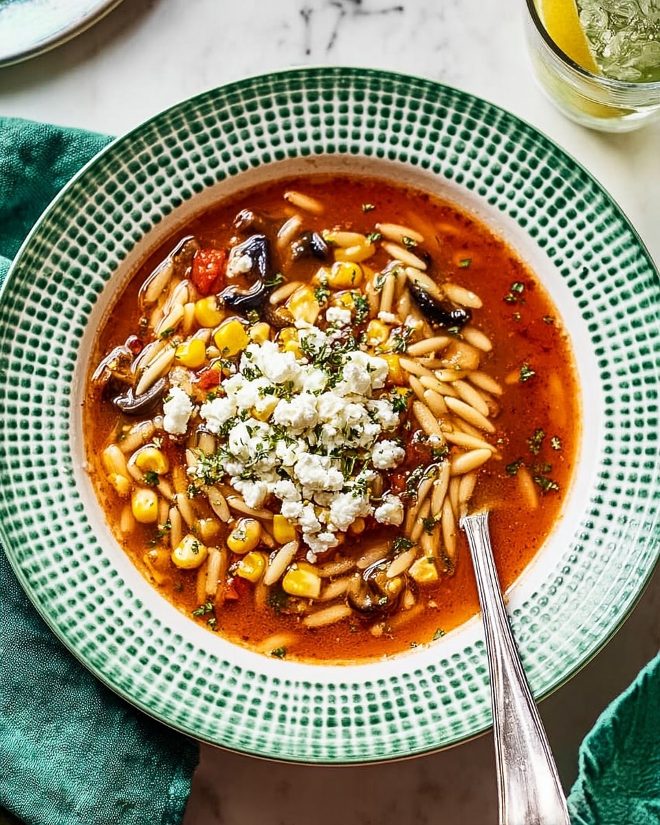 A white bowl filled with a rich orange-red broth containing yellow corn kernels, small golden orzo pasta, and dark slices of what looks like mushrooms and red bell peppers. In the center of the bowl, there is a generous heap of crumbly white cheese mixed with green herbs. The bowl is placed on a white plate with a green checkered rim, set on a white marbled surface. A metal spoon rests inside the bowl on the right side, and a green cloth is partially visible on the left side of the frame. photo taken with an iphone --ar 4:5 --v 7