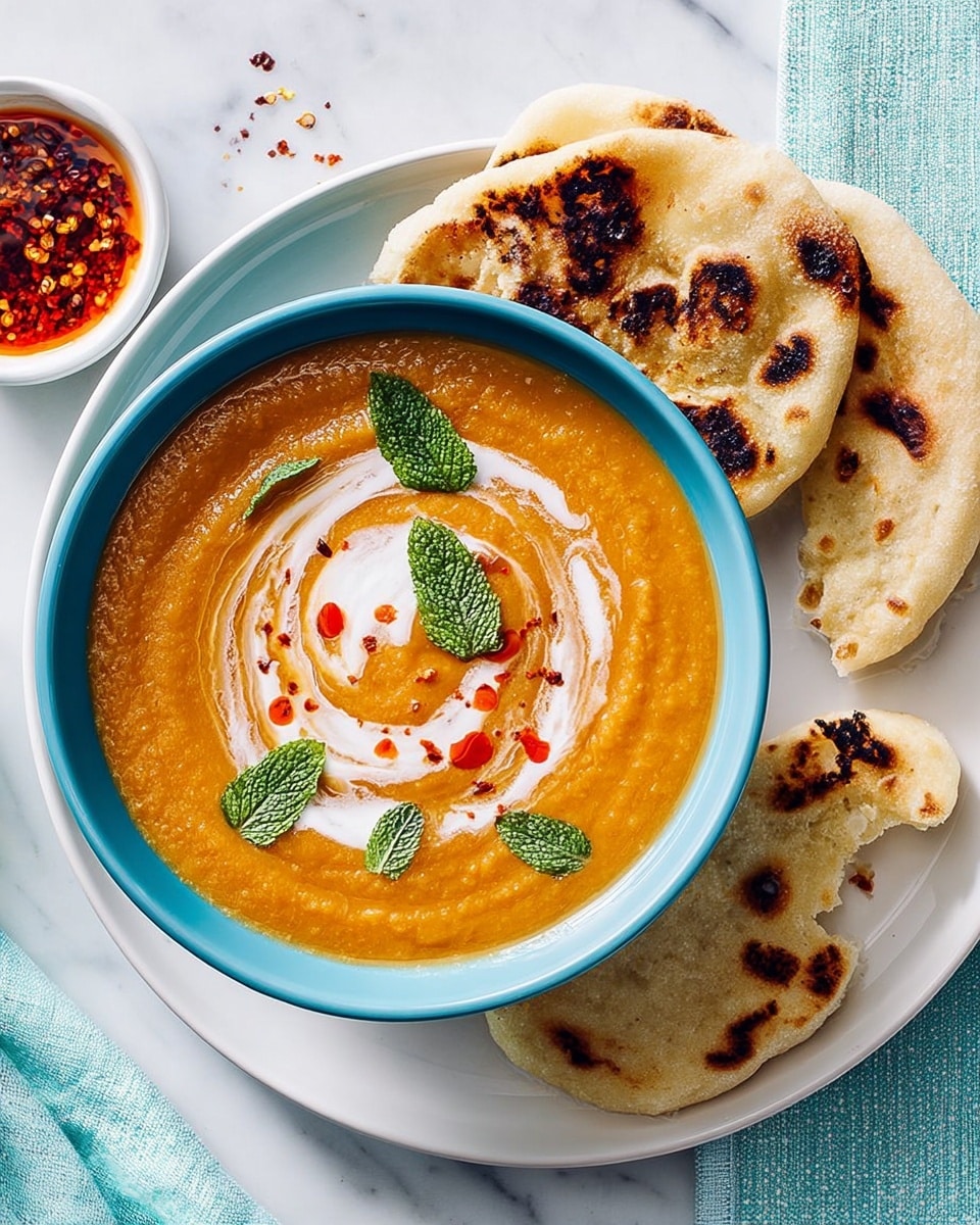 A blue bowl filled with smooth, orange lentil soup sits in the center of a white plate. The soup has a swirl of white cream and drops of reddish oil on top, decorated with a few small green mint leaves. Around the bowl on the plate, there are three pieces of flatbread with browned spots and a soft texture, one of which has a bite taken out. The plate rests on a light blue cloth, all placed on a white marbled surface. photo taken with an iphone --ar 4:5 --v 7