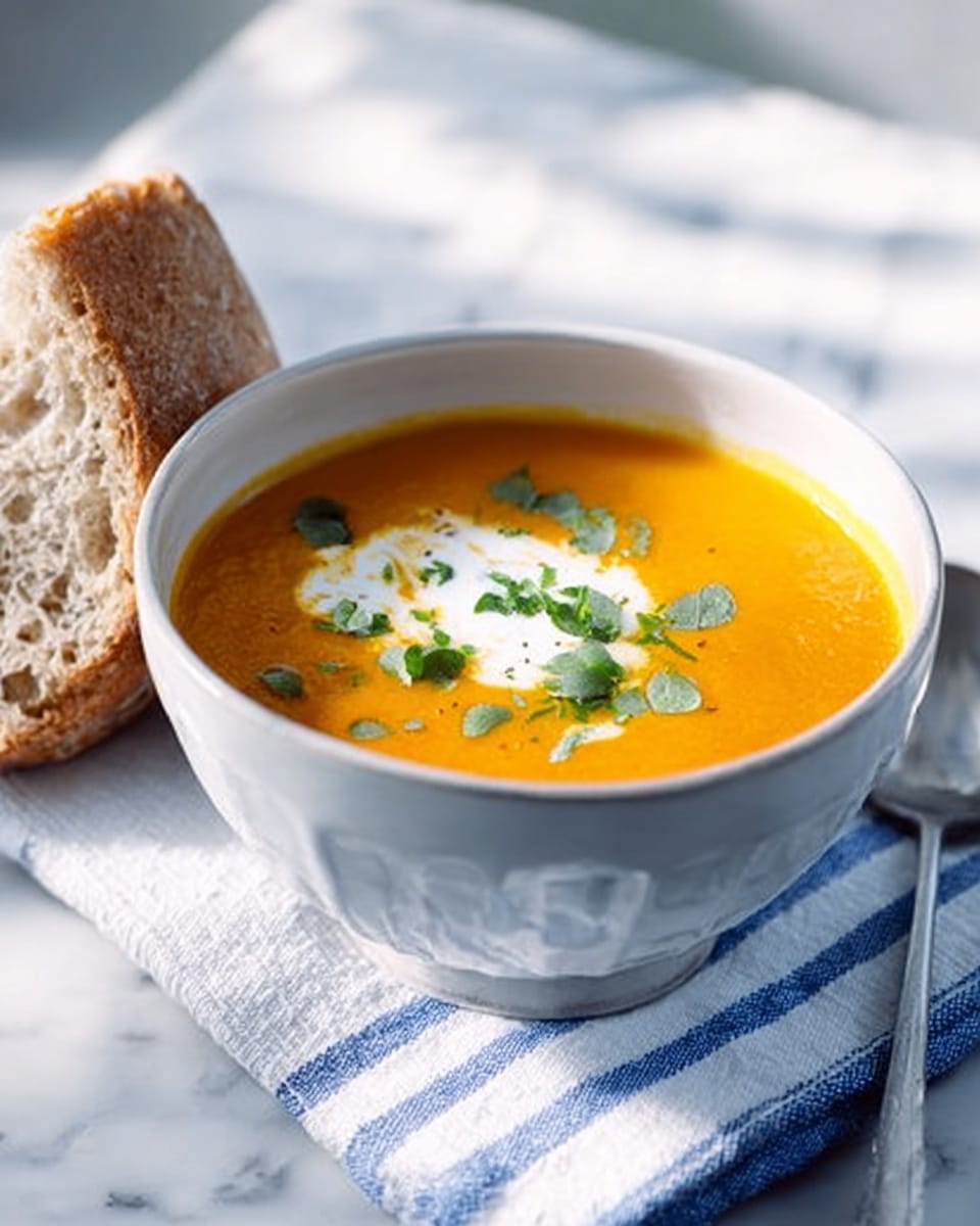 A white bowl filled with bright yellow soup that looks smooth and creamy, topped with a dollop of white cream in the center and sprinkled with small green herb leaves. The bowl is placed on a white cloth with light blue stripes, resting on a white marbled surface. Next to the bowl is a piece of torn bread with a soft and crumbly texture. The background is softly blurred with cool tones. photo taken with an iphone --ar 4:5 --v 7