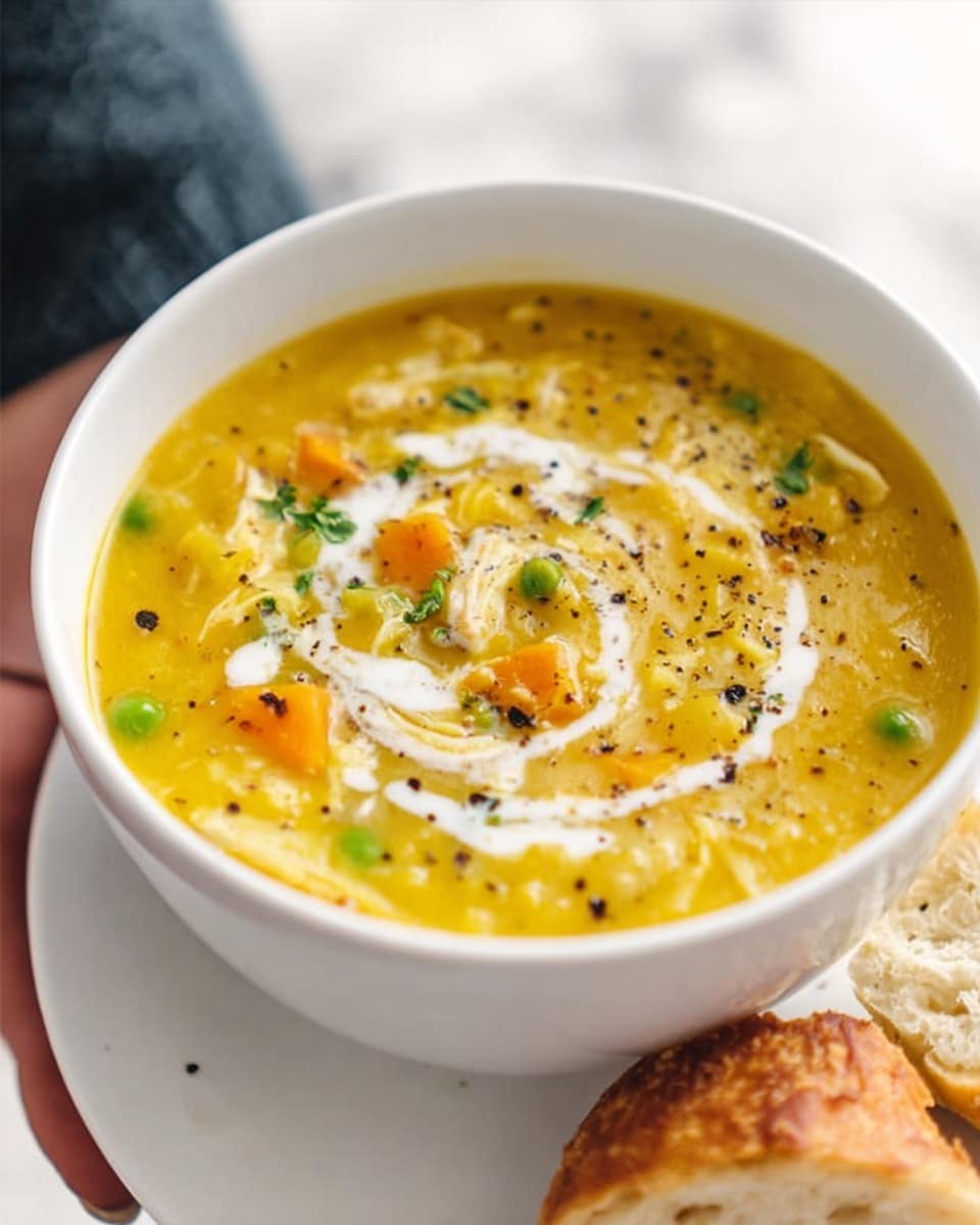 A white bowl filled with thick yellow soup that has small chunks of orange carrots, green peas, and bits of white chicken pieces mixed throughout. The soup surface shows a light swirl of white cream and some cracked black pepper sprinkled on top. The bowl is held by a woman's hand, and there is a piece of bread with a butter spread on the side in the foreground. The background is a white marbled surface with soft lighting. photo taken with an iphone --ar 4:5 --v 7