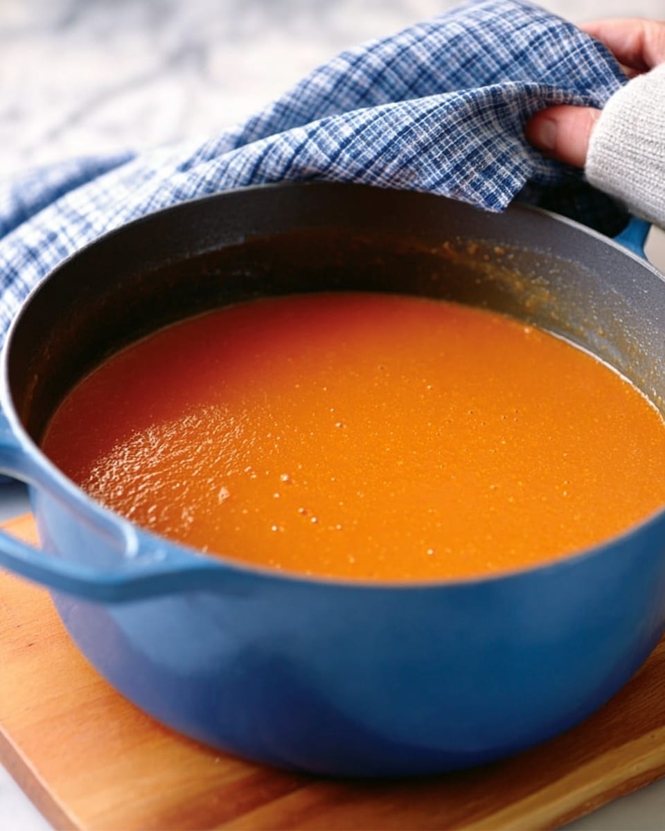 A large blue pot filled with smooth, bright orange soup sits on a wooden surface. The soup has a thick, creamy texture with a shiny top that shows slight ripples. A woman's hand is holding a white and blue striped cloth near the pot's handle. The background shows a white marbled surface. photo taken with an iphone --ar 4:5 --v 7