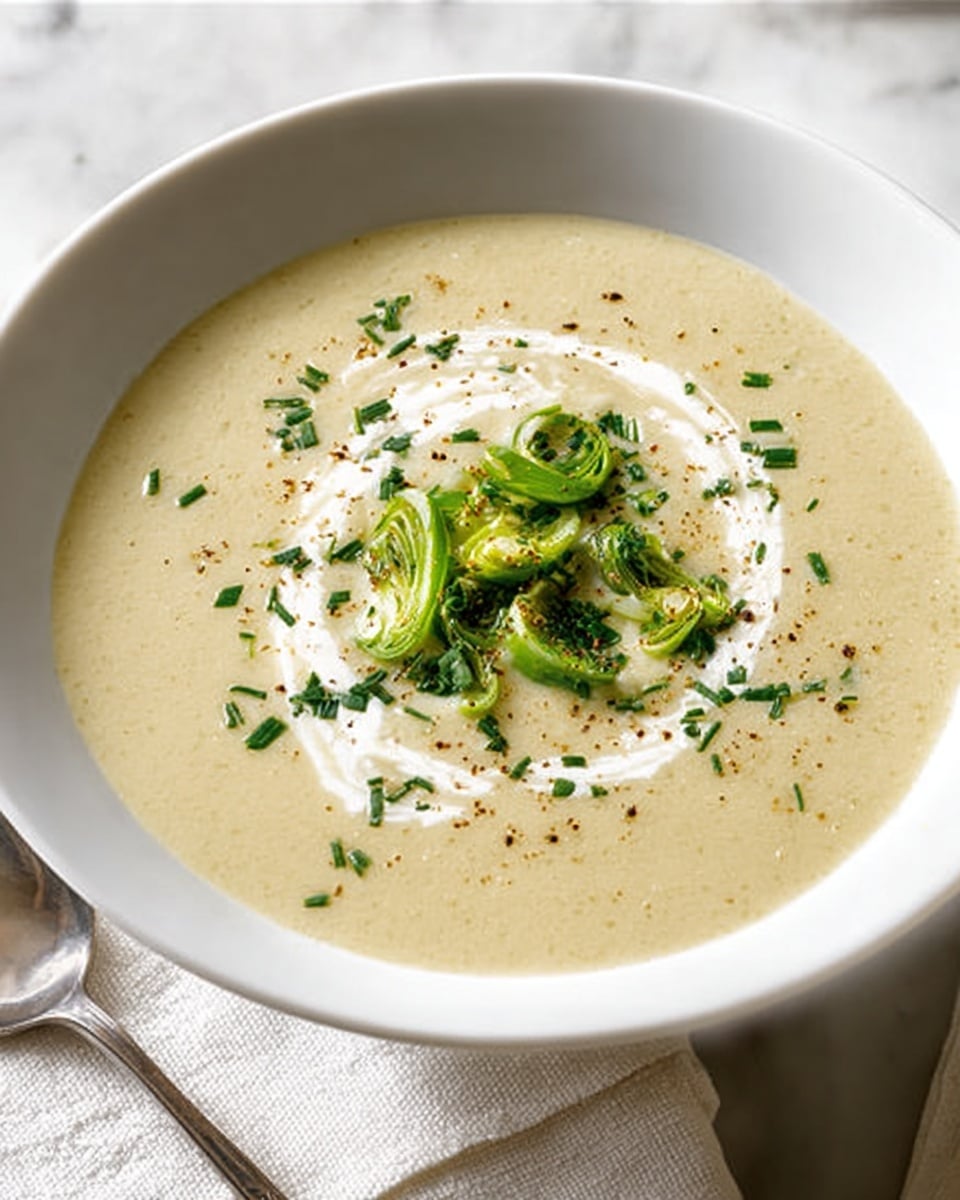 The dish is a creamy pale yellow soup served in a deep white bowl. It has a smooth texture and is topped with a swirl of white cream arranged loosely in a cross shape in the center. On top of the cream are small pieces of sautéed light green vegetables with a slight golden brown edge. Chopped dark green chives are sprinkled over the soup and around the toppings. A bit of ground black pepper is scattered lightly across the surface. The bowl sits on a white marbled surface with a silver spoon partially visible next to it. Photo taken with an iphone --ar 4:5 --v 7