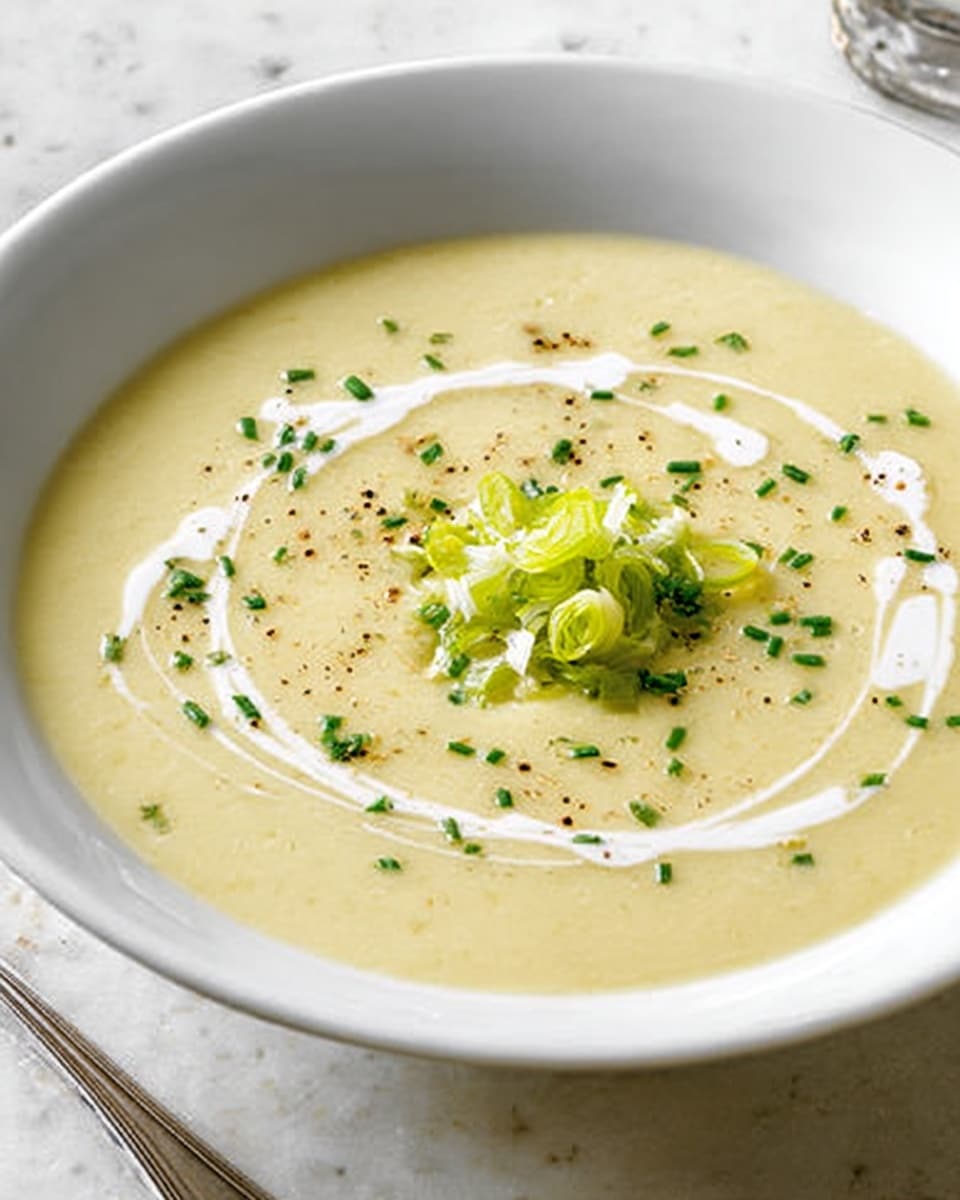 A white bowl filled with smooth, creamy pale yellow soup, topped with small green herb pieces scattered around the center. There are soft white cream swirls on the surface, lightly dusted with black pepper. In the middle, finely chopped light green vegetables add texture and color contrast. The bowl sits on a white cloth napkin with a silver spoon beside it, all placed on a white marbled surface. Photo taken with an iphone --ar 4:5 --v 7