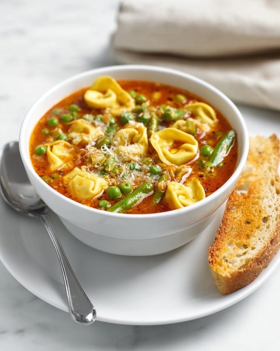 A white bowl filled with a rich, red broth soup layered with green peas, yellow tortellini pasta, and thin green beans scattered on top, sprinkled with white grated cheese; the bowl is placed on a white plate with a silver spoon resting beside it, and a slice of toasted bread with a golden brown crust leaning against the bowl, all set on a white marbled surface with a soft blue striped cloth slightly visible in the background, photo taken with an iphone --ar 4:5 --v 7