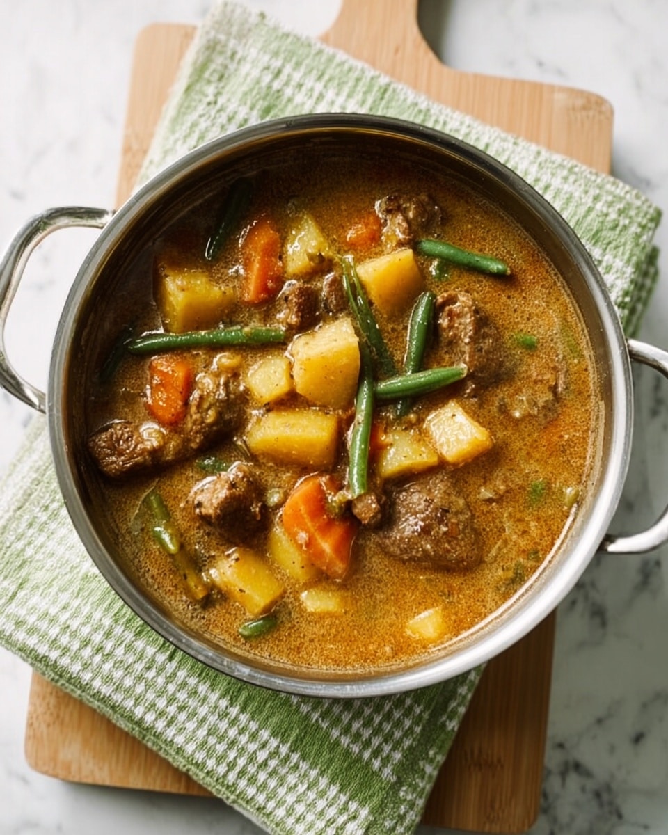 A small silver pan filled with a thick stew showing several layers of ingredients, including golden brown pieces of meat, pale yellow potato chunks, bright orange carrot pieces, and green beans, all in a light brown, creamy broth with visible black pepper specks; the pan is placed on a white plate with a green and white checkered cloth underneath, resting on a white marbled surface. photo taken with an iphone --ar 4:5 --v 7