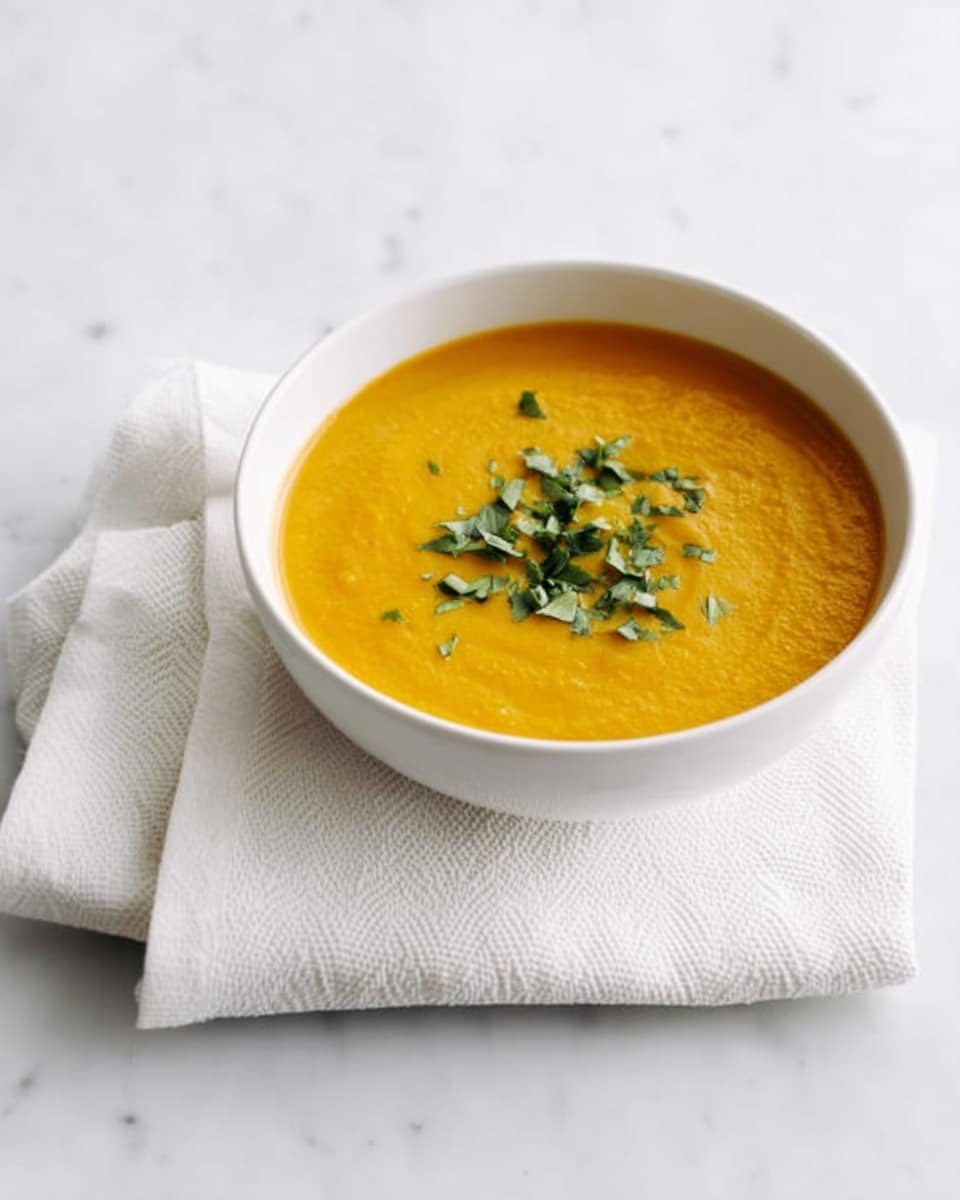 A white bowl filled with smooth, thick orange soup that has a creamy texture, topped with scattered fresh green herb leaves, placed on a white marbled surface next to a neatly folded white cloth napkin, with soft natural light highlighting the warm tones of the soup and the clean simplicity of the setting, photo taken with an iphone --ar 4:5 --v 7