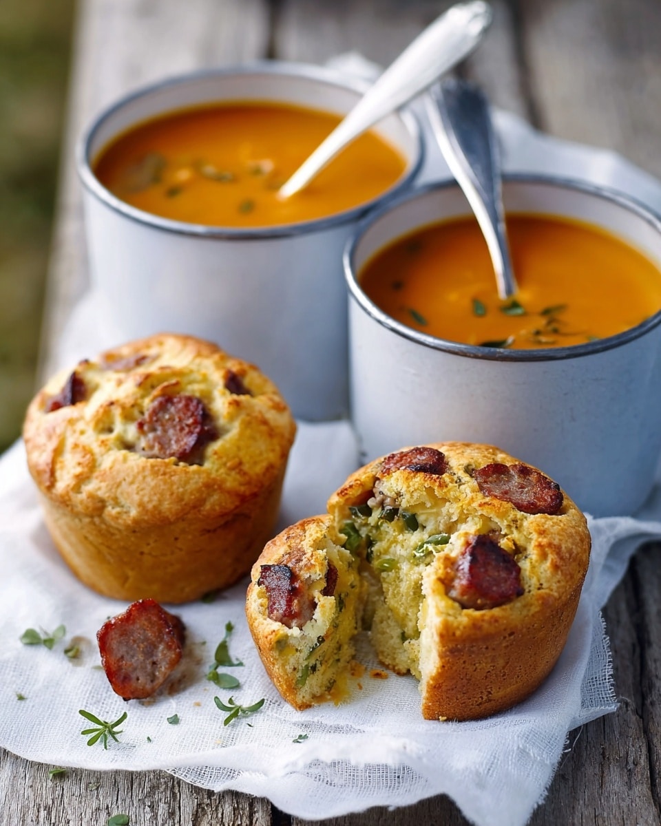 The image shows two white metal cups filled with bright orange soup, each with a silver spoon inside. Next to them are two muffin-shaped savory pies with a golden-brown crust, one whole and the other broken open to show a soft inside filled with green and dark brown pieces. The food sits on a rustic wooden board placed over a white marbled surface, with some crumbs scattered around. Photo taken with an iphone --ar 4:5 --v 7