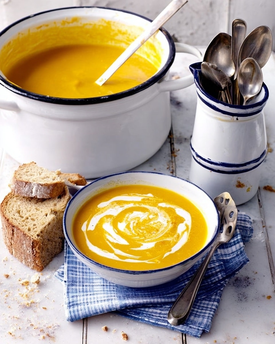 A large white soup tureen with a thin blue rim is filled with thick orange pumpkin soup, a ladle inside. In front of it, a white bowl with the same blue rim contains a serving of the orange soup with a small swirl of white cream on top, and a spoon inside. Next to the bowl, there is a torn piece of bread resting on a white marbled surface, beside a blue and white checkered cloth. To the side, a white pitcher with a blue rim holds a bunch of silver forks and spoons. The scene is set on a white marbled table with a rustic white chair in the background. Photo taken with an iphone --ar 4:5 --v 7
