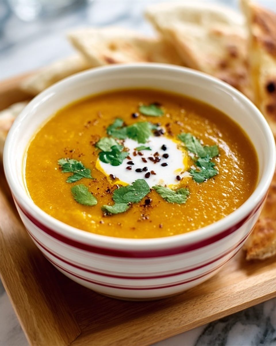 A white bowl with thin red stripes on the outside is filled with a smooth, thick orange soup. On top of the soup is a small dollop of white cream, sprinkled with small black seeds and bright green cilantro leaves. The bowl is on a light wooden tray, next to some pieces of lightly browned flatbread. The background is a white marbled texture. Photo taken with an iphone --ar 4:5 --v 7