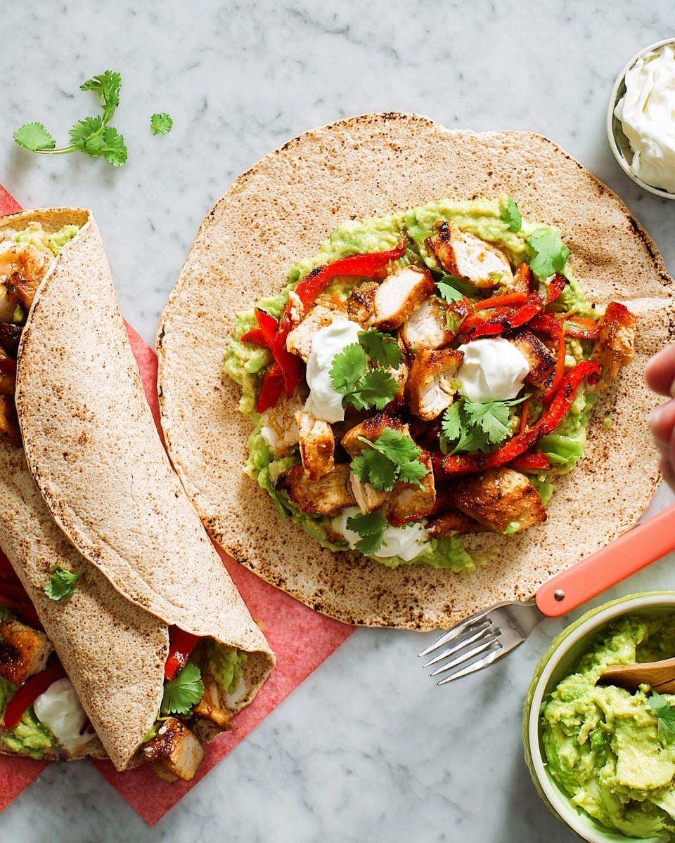 The image shows two whole wheat tortillas on a white marbled surface, one open and one rolled. The open tortilla has layers starting with a spread of light green mashed avocado, topped with grilled chicken pieces that are golden brown with some char marks, and slices of red bell pepper. Dollops of white sour cream are scattered on top, with fresh green cilantro leaves spread over everything. The second tortilla is rolled with similar fillings visible at the open end. To the right, there is a white bowl partially filled with mashed avocado and a white container with some sour cream. A coral-handled spoon lies next to the open tortilla. photo taken with an iphone --ar 4:5 --v 7