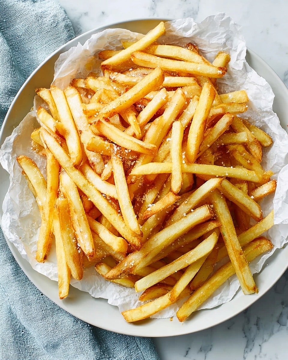 A white plate lined with crumpled white parchment paper holds a large pile of thin, golden-brown French fries with a slightly crispy texture and light sprinkling of coarse salt over them. The fries are unevenly colored with some areas more browned and others lighter, showing a mix of soft and crisp parts. The plate sits on a white marbled surface, with a light blue cloth partially visible on the side, creating a fresh and simple setting. photo taken with an iphone --ar 4:5 --v 7