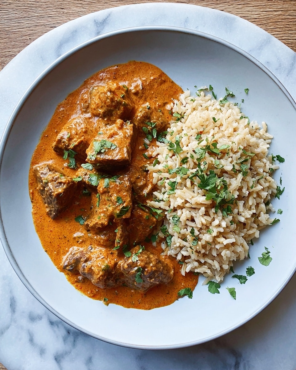 The dish shows a round white plate with two main parts: on one side, a pile of light brown rice with a slightly loose texture, and on the other side, chunks of meat covered in a thick, rich orange-brown sauce. The sauce looks creamy and coats the meat evenly. Both the rice and meat are sprinkled lightly with small green herb pieces, adding a fresh touch. The plate is set on a white marbled surface. photo taken with an iphone --ar 4:5 --v 7