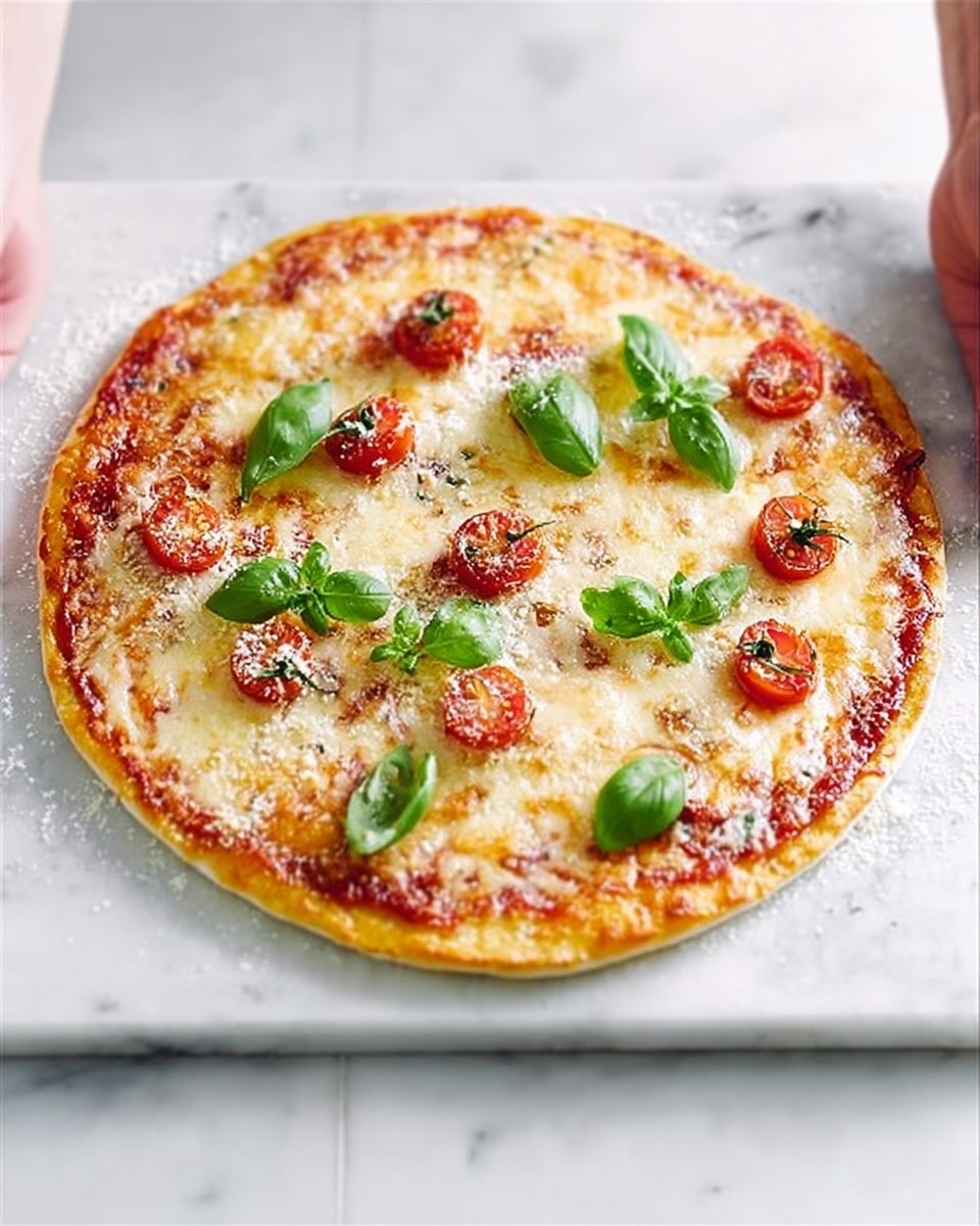 A thin pizza with one layer of golden melted cheese spread evenly over a red tomato sauce layer, topped with small red cherry tomato halves and bright green fresh basil leaves scattered on top. The pizza crust is light golden with a slightly crisp edge. A woman's hands hold the pizza from both sides just above a white marbled surface. Photo taken with an iphone --ar 4:5 --v 7