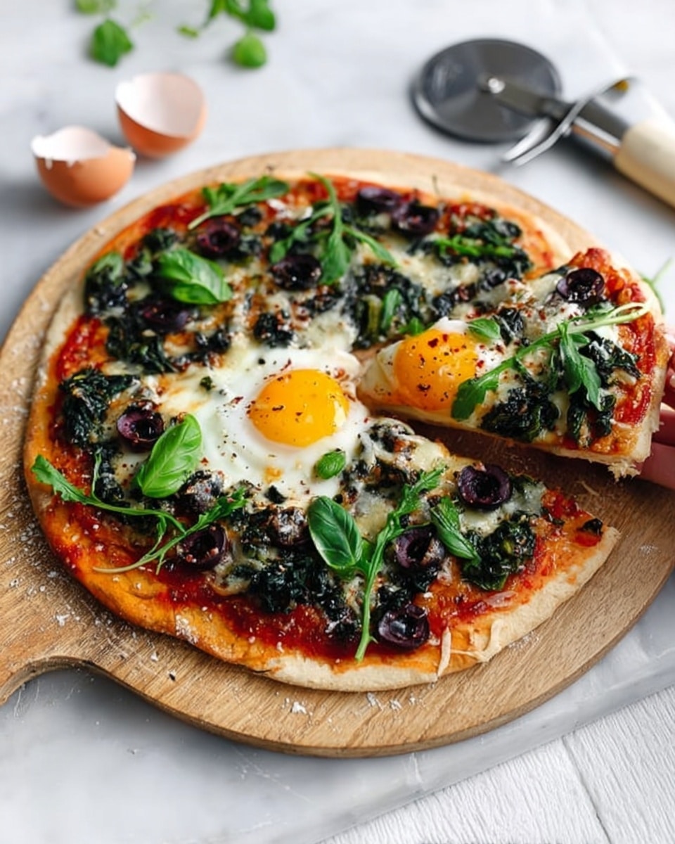 The image shows a pizza with five layers on a round wooden board placed on a white marbled surface. The base layer is a thin, light golden crust. On top of that is a red tomato sauce spread evenly. The third layer consists of dark green leafy vegetables, black olives, and some sliced mushrooms scattered across the pizza. The fourth layer is a cooked egg with a bright yellow yolk placed near the center. The final top layer is fresh, bright green arugula leaves spread lightly around the egg and edges. A woman's hand is holding a slice being taken from the pizza. Photo taken with an iphone --ar 4:5 --v 7