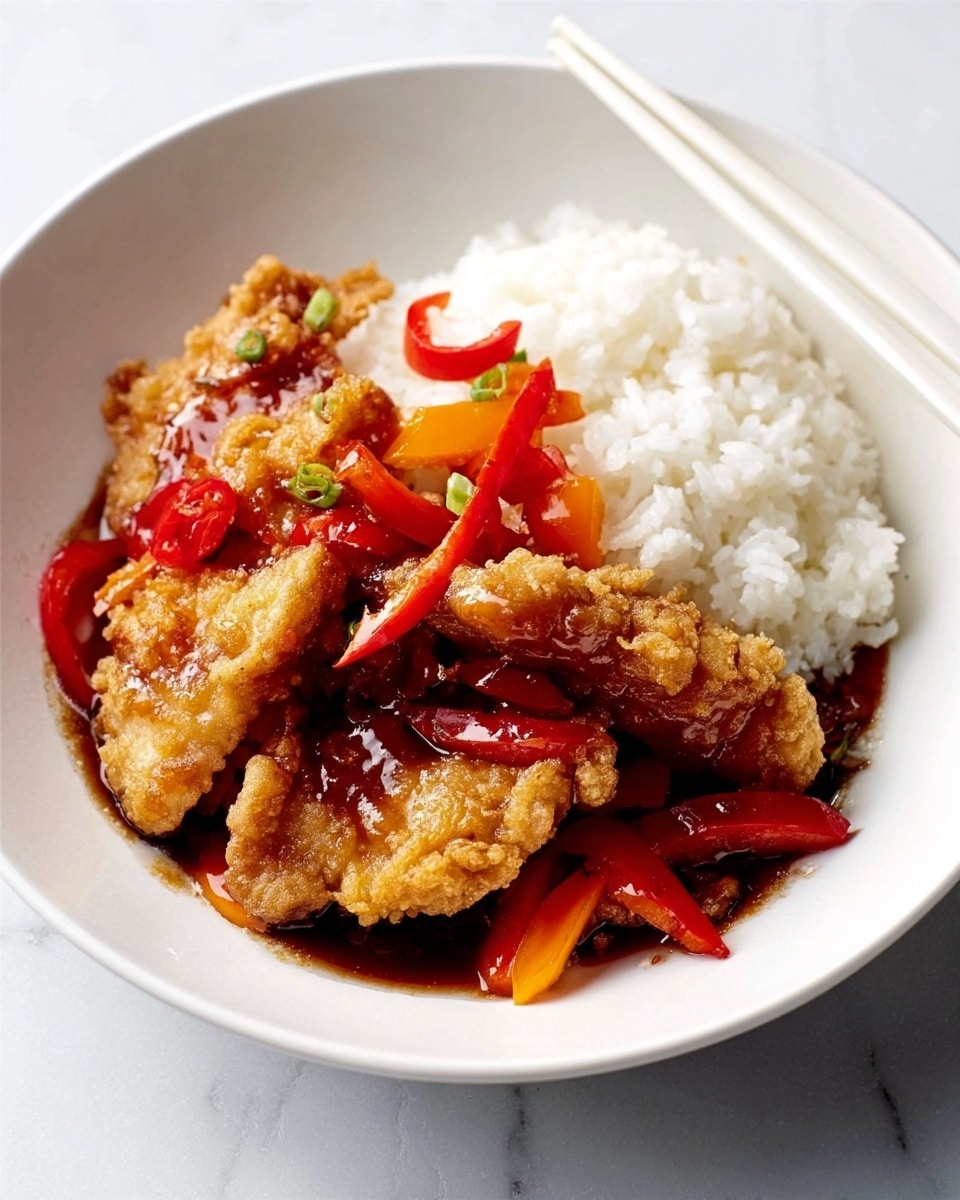 A white bowl sits on a white marbled surface, filled with a bed of white steamed rice on the right side. On top of the rice, there are pieces of golden-brown fried chicken with a crispy texture. Surrounding the chicken are slices of bright red and orange bell peppers, adding a fresh and colorful contrast. White chopsticks rest on the edge of the bowl. The overall look is warm and inviting, with a balance of soft rice, crunchy chicken, and fresh vegetables. photo taken with an iphone --ar 4:5 --v 7