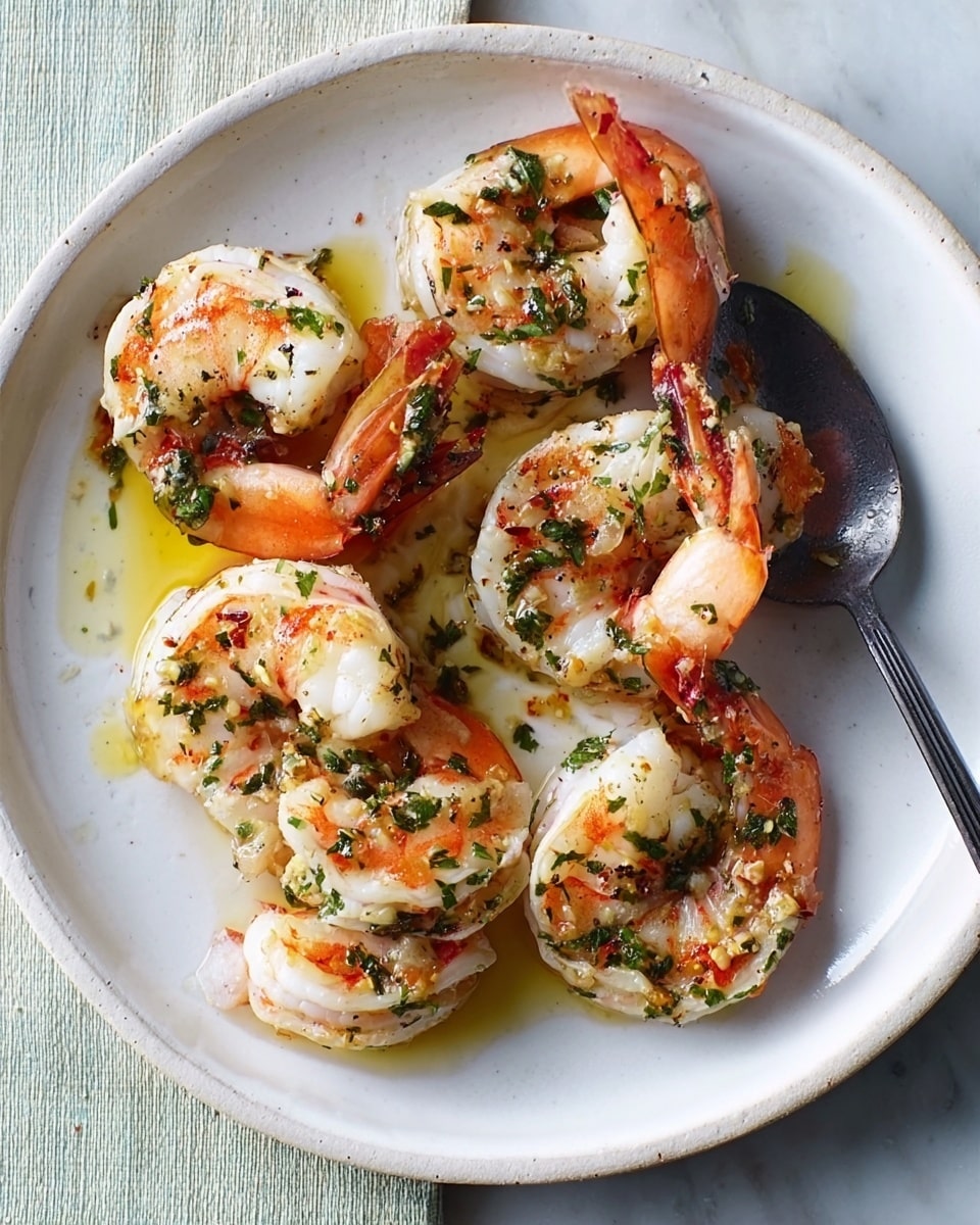 A white plate holds eight cooked shrimp arranged in a loose circle, each shrimp showing pink and white colors with slightly charred spots and green herbs sprinkled on top. The shrimp sit in a shallow pool of golden olive oil that glistens under the light. A black spoon rests on the plate, partially under some shrimp, adding contrast. The plate is set on a white marbled surface. photo taken with an iphone --ar 4:5 --v 7