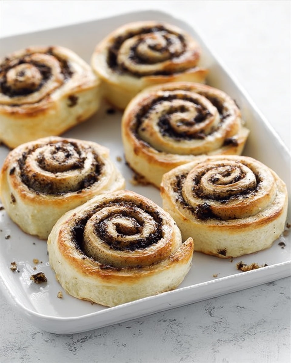 The image shows six cinnamon rolls arranged in two rows on a white tray placed over a white marbled surface. Each roll has a light golden-brown outer layer and is tightly coiled with dark brown cinnamon filling visible in the spirals. A few small crumbs are scattered around on the tray, adding texture to the scene. The rolls have a soft, slightly glossy look with a round shape and a slightly puffed top. The whole setup looks clean and simple with natural light highlighting the rolls’ details. Photo taken with an iphone --ar 4:5 --v 7