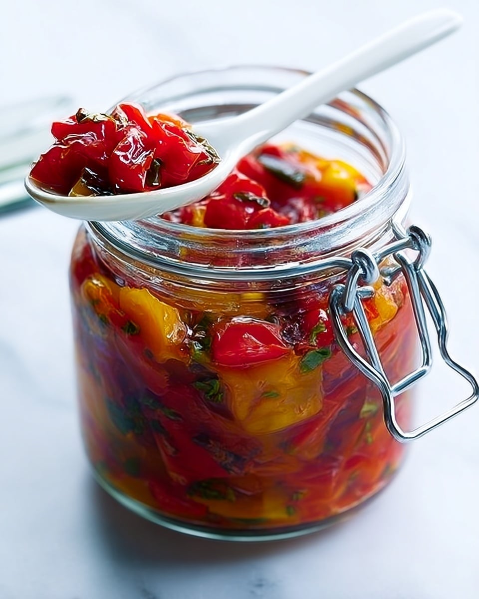 A clear glass jar filled with vibrant, roasted red and yellow peppers, layered with green herbs visible throughout, soaked in a golden olive oil that shines under the light. A white spoon rests on top of the jar, lifting a few glossy red pepper pieces with small bits of herbs, showing their soft, juicy texture. The jar is placed on a white marbled surface, and the entire scene has bright, natural lighting that highlights the freshness and colors in the jar. photo taken with an iphone --ar 4:5 --v 7