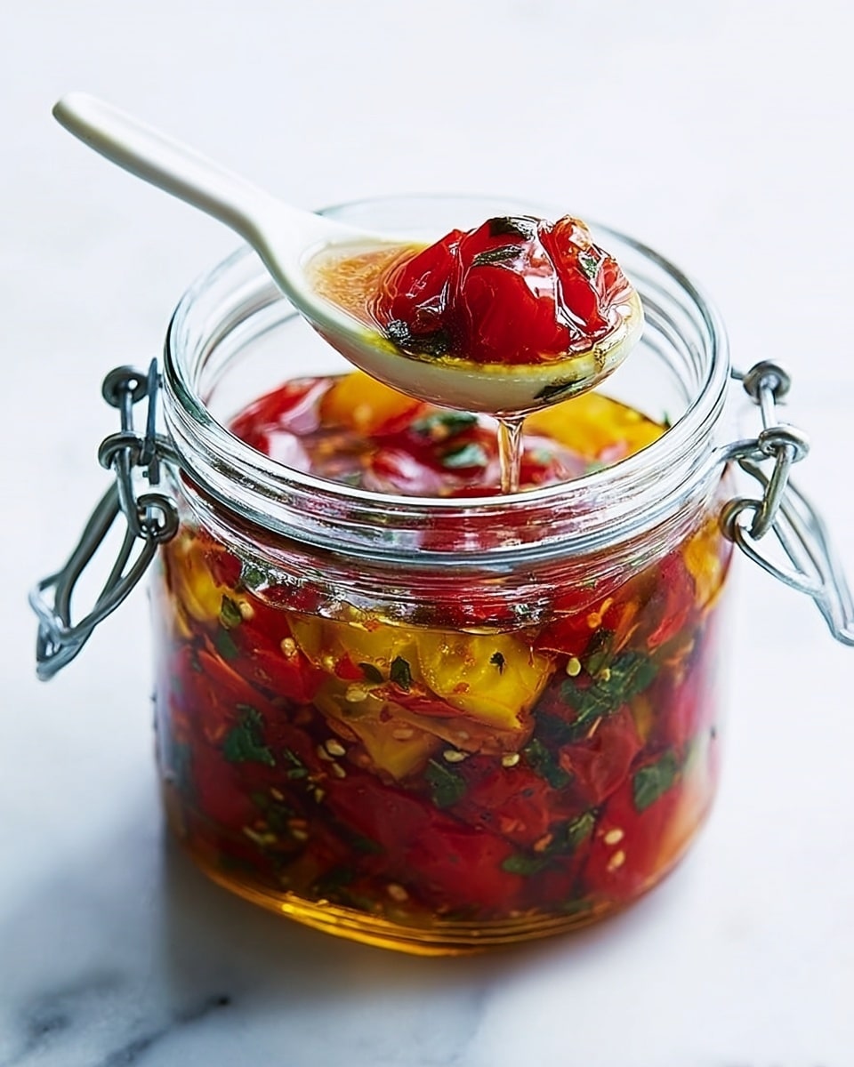 A glass jar filled with layered roasted red and yellow peppers soaked in oil with bits of green herbs mixed in, the peppers look soft and shiny. A white spoon rests on top of the jar, holding a small serving of the same peppers. The jar has a metal clasp, and the background is a white marbled texture. The lighting is bright, showing the glossy texture of the peppers and the clear glass of the jar. Photo taken with an iphone --ar 4:5 --v 7