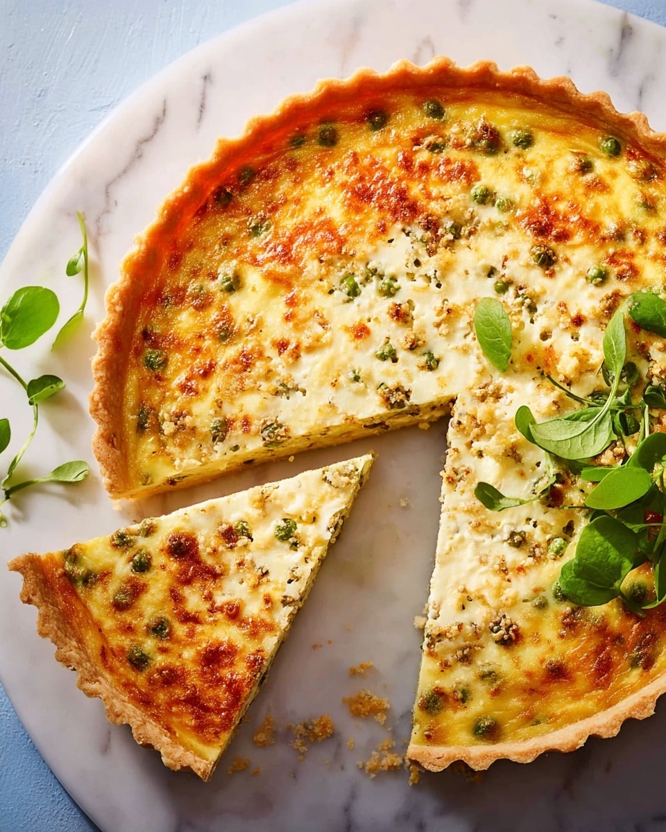 A quiche with a golden, slightly thick crust forms the base layer, topped by a creamy, pale yellow egg custard mixed with small green peas and bits of browned cheese scattered evenly. The surface has a slightly rough texture with a few browned spots and is garnished with a few fresh green leaves on one side. Two triangular slices have been cut and slightly pulled out from the quiche, revealing the thickness and even filling inside. The quiche rests on a round white marble board with soft light creating gentle shadows. Photo taken with an iphone --ar 4:5 --v 7