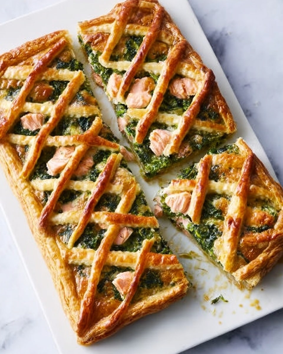 The image shows a rectangular pastry tart cut into four pieces on a white square plate placed on a white marbled surface. The tart has a golden-brown crust with a crisscross lattice pattern made of thin, light golden strips on top. Beneath the lattice is a layer of green leafy vegetables and large pinkish-orange salmon chunks, giving a mix of green and pink color visible through the lattice. The edges of the pastry are puffed and slightly darker golden brown, creating a raised border around the tart. Two pieces have been separated slightly from the main tart, showing the thickness and soft texture inside the crust. Photo taken with an iphone --ar 4:5 --v 7