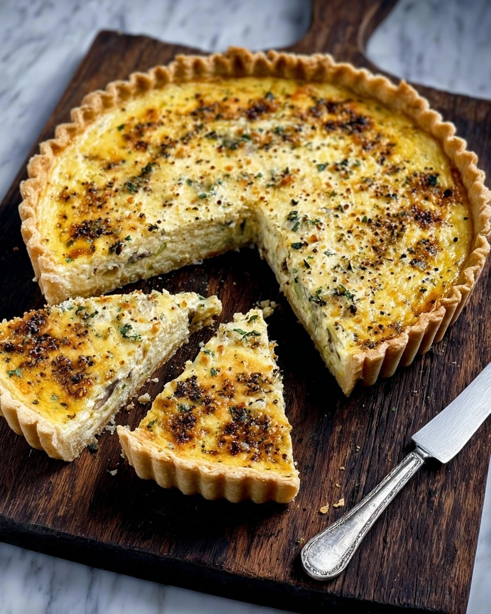 A whole quiche with a golden-brown, crispy crust sits on a white marbled surface, with two slices cut out and slightly separated from the main pie. The top layer is creamy and light yellow with browned, bubbly spots and flecks of green herbs scattered across it. Underneath the creamy layer, a visible layer of pale yellow vegetable pieces adds texture. The crust edges are fluted and evenly browned. A vintage silver knife is placed beside the quiche on the surface, and there are crumbs scattered around. Photo taken with an iphone --ar 4:5 --v 7