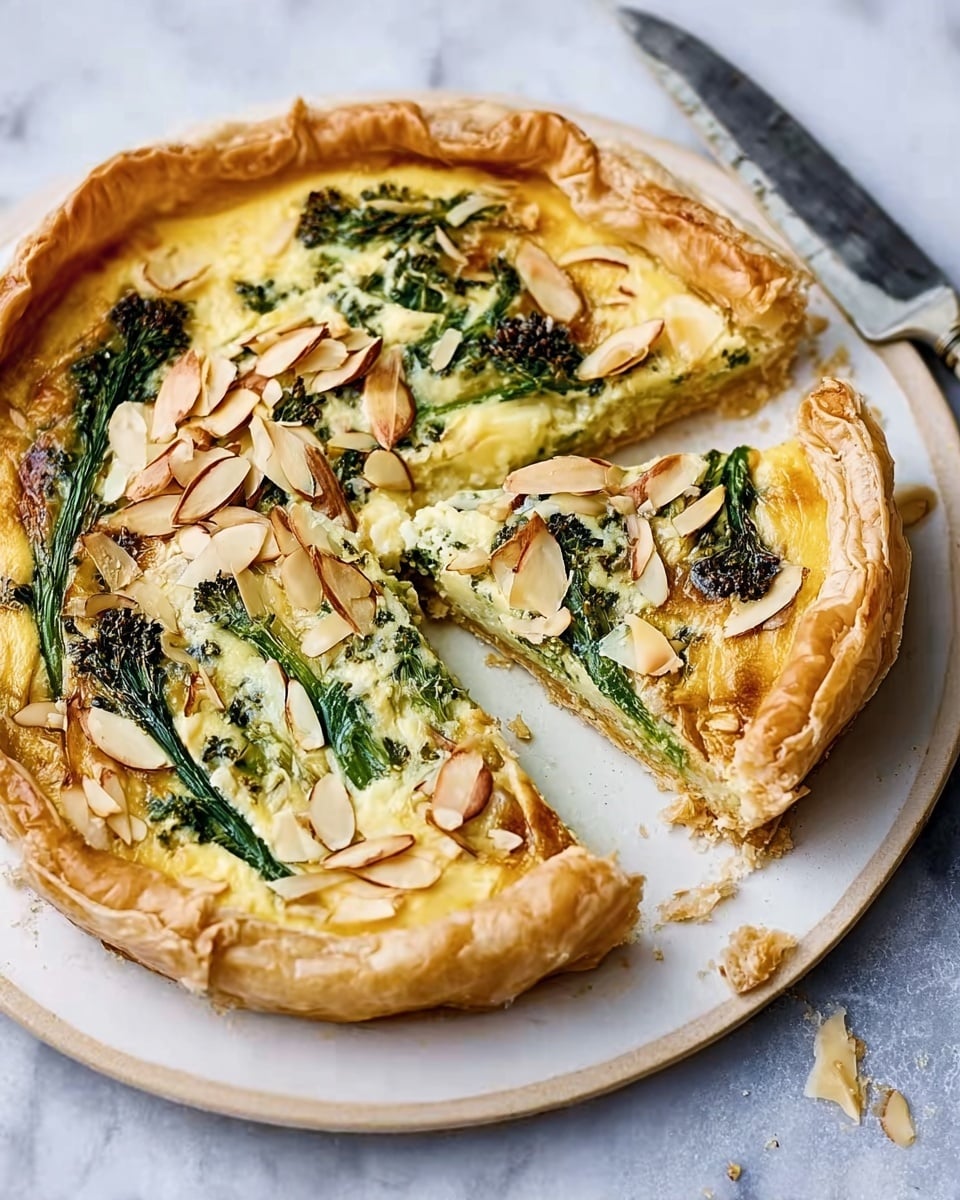 The image shows a golden brown puff pastry tart sliced into pieces on a white plate, placed on a white marbled surface. The tart has three visible layers: a thick, fluffy, crispy puff pastry base, topped with a creamy, light yellow cheese and egg mixture, and garnished with several green asparagus spears and small green broccoli florets. Thin toasted almond slices are scattered evenly over the top, adding texture and color contrast. A knife with a silver blade and white handle rests on the plate beside the tart. Photo taken with an iphone --ar 4:5 --v 7