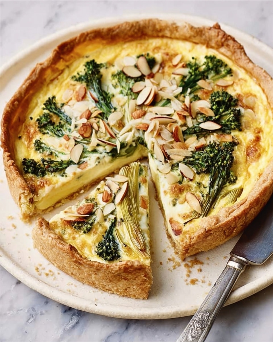 A round, golden-brown tart with a thick, flaky crust sits on a white plate, placed on a white marbled surface. The tart is topped with a creamy, slightly yellow filling mixed with green asparagus spears and small broccoli florets arranged evenly across the surface. Toasted almond slices are scattered on top, giving a crunchy texture contrast. One slice has been cut and slightly pulled out, showing the crisp layers of the crust and the soft filling inside. A knife rests beside the plate. photo taken with an iphone --ar 4:5 --v 7
