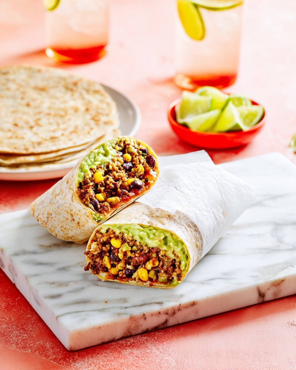 Two halves of a wrap are placed on a white cutting board, each wrapped halfway in white paper showing colorful layers inside. The wrap has a bottom layer of light green avocado, a middle layer with black beans and yellow corn, and a top layer of reddish-brown seasoned filling with tomato bits. Behind the wraps are two rolled flatbreads with a light brown, slightly rough texture. To the top right, there is a white bowl filled with a brown and black bean mixture. To the bottom right, three lime wedges are placed in a small red dish. The whole scene is set on a soft pink fabric background with a white marbled texture. Two clear glasses with lemon slices are partially visible in the upper left corner. Photo taken with an iphone --ar 4:5 --v 7