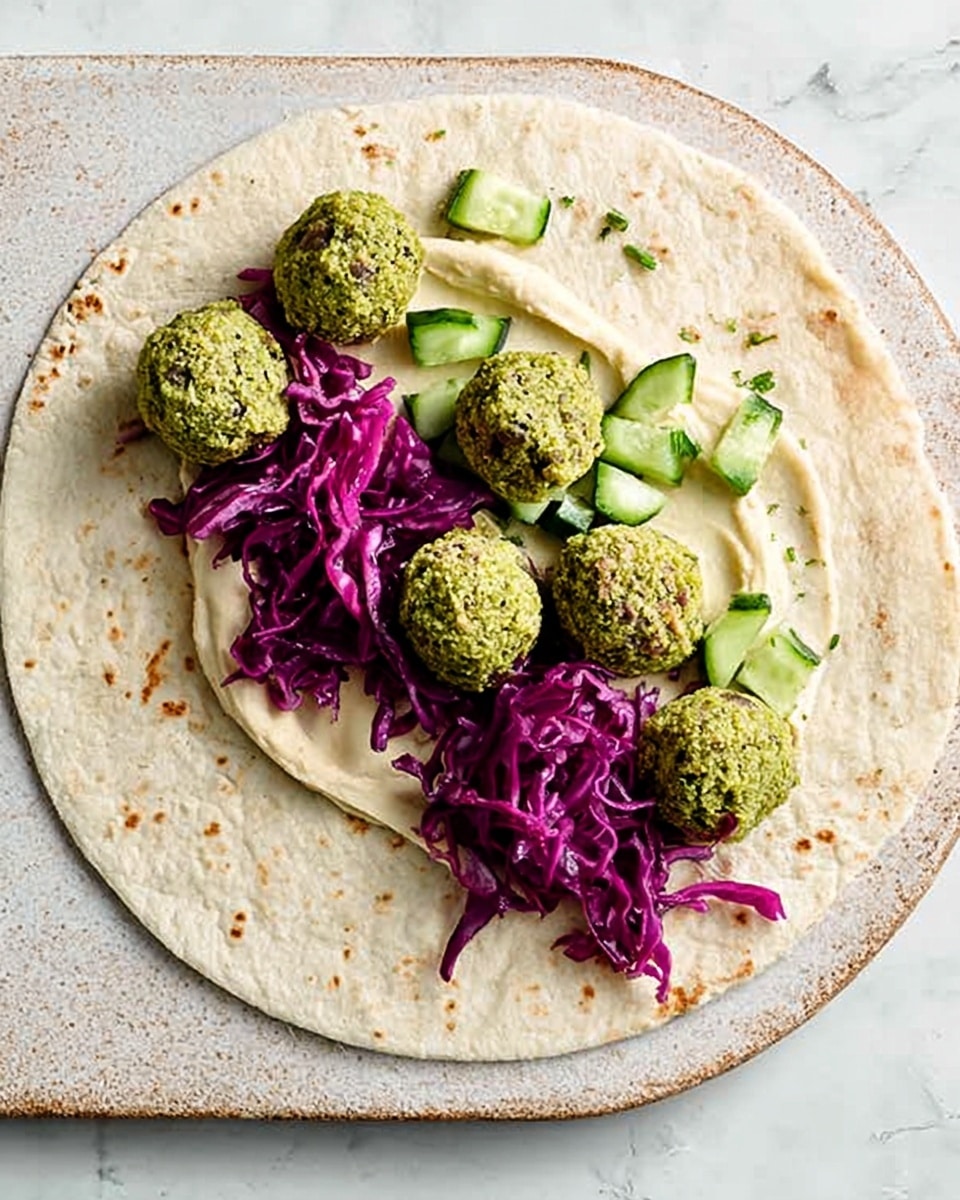 The image shows a flat white tortilla laid out on a white marbled surface. On top of the tortilla, there is a smooth layer of light cream hummus spread evenly across the center. Above the hummus, five round, green falafel balls are placed in a row, showing a slightly coarse texture. To the left of the falafel, there is a small pile of bright purple shredded cabbage, adding a crunchy texture. Below the falafel, small diced pieces of green cucumber are scattered, adding a fresh and crisp element. photo taken with an iphone --ar 4:5 --v 7
