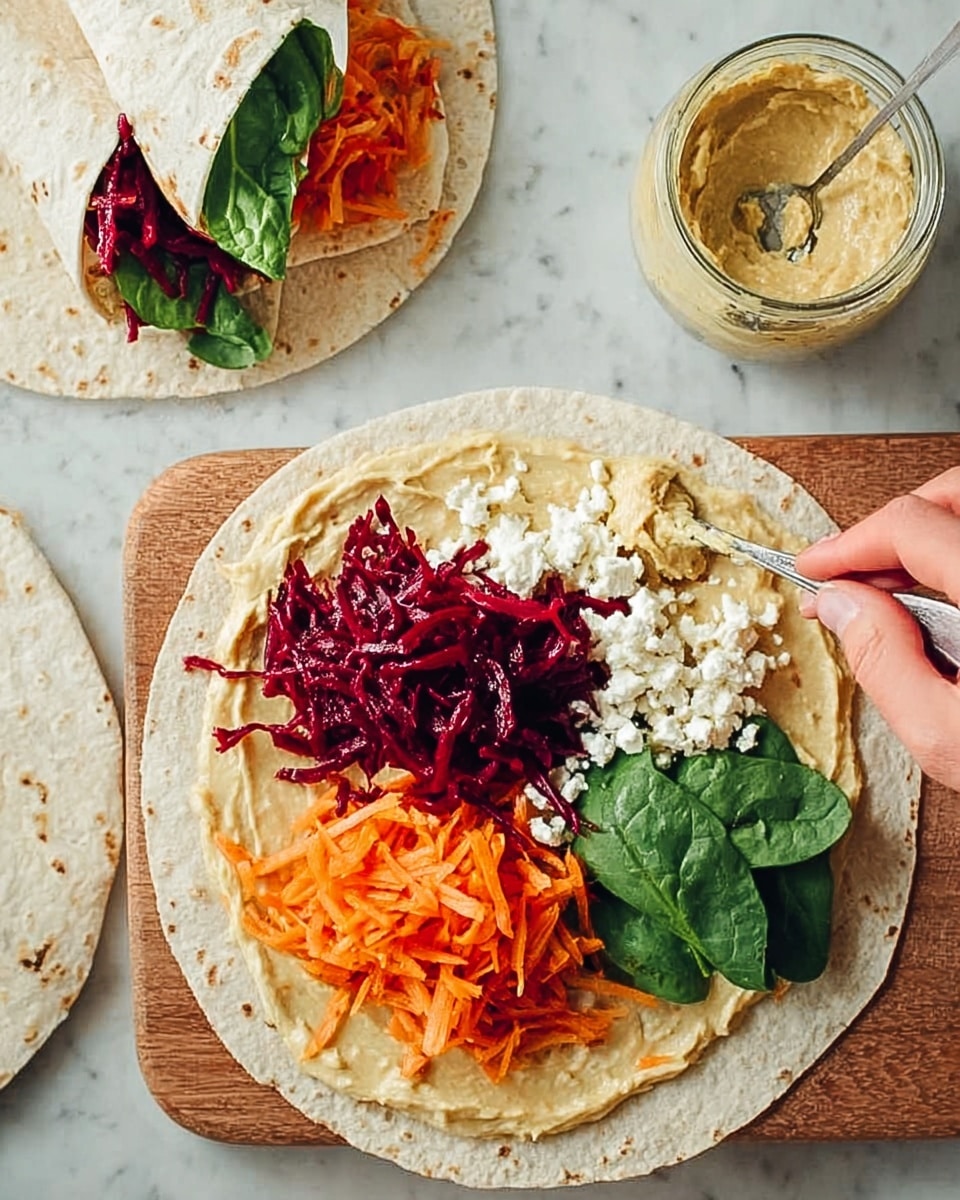 The image shows a white tortilla flat open with three layers of fillings arranged in rows: dark red shredded beets on the left, bright orange shredded carrots in the middle, and fresh green spinach leaves on the right, topped with small pieces of white cheese. Beneath these fillings is a spread of creamy beige hummus covering the tortilla base. Nearby, two folded white tortillas with the same filling sit on a white marble board in the background. A jar filled with extra hummus is in the foreground on the white marble surface, along with a white spoon. A woman's hand is visible touching the open tortilla. photo taken with an iphone --ar 4:5 --v 7