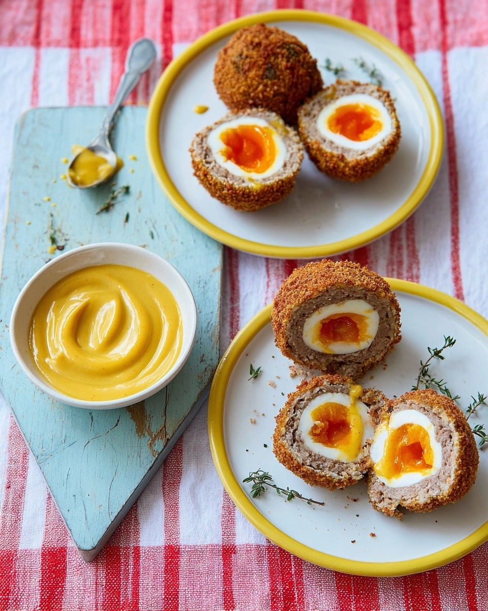 The image shows several Scotch eggs presented on white plates with yellow rims and a light blue cutting board, all placed on a red and white striped cloth with a yellow and white checkered napkin underneath one plate, all on a white marbled surface. Each Scotch egg has three layers: a soft-boiled egg with a bright orange yolk in the center, surrounded by a beige, coarse meat layer, and a crispy, golden-brown crumb coating on the outside. Some Scotch eggs are whole, while others are cut in half, revealing the inner layers. A small white bowl filled with smooth, yellow mustard sauce sits on the cutting board, with a spoon resting in it, coated in the mustard. Small green herb leaves are scattered around the board and plates for garnish. Photo taken with an iphone --ar 4:5 --v 7