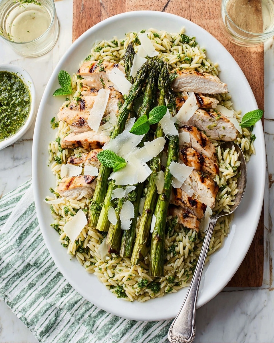 A white plate filled with a bottom layer of green herb-covered orzo pasta, topped with several slices of grilled chicken breast arranged in a semicircle. On top of the chicken, there is a bundle of bright green grilled asparagus spears placed lengthwise across the center. Scattered over the asparagus and chicken are thin, irregular white shavings of cheese and small fresh mint leaves. A silver spoon rests on the right side of the plate. The plate is set on a white marbled surface, with a small white bowl of green pesto sauce and part of a green glass visible in the background. Photo taken with an iphone --ar 4:5 --v 7