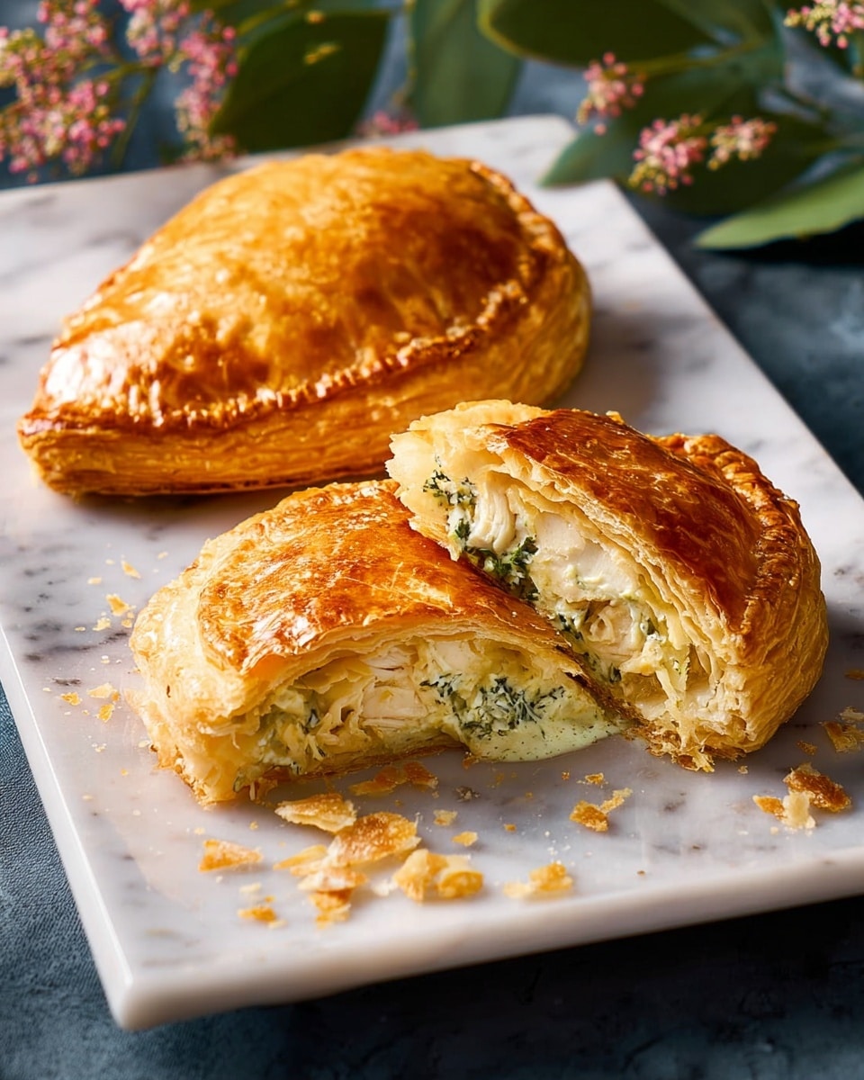 Two golden brown, flaky puff pastries sit side by side on a white rectangular plate with a slight texture. One pastry is whole, puffed up with a shiny, smooth surface showing light browning on top. The other pastry is cut in half, showing three distinct layers inside: a crispy golden crust on the outside, a thick pale yellow chicken breast layer in the middle, and a creamy white herb sauce with green flecks oozing out beneath the chicken. There are small crispy crumbs scattered on the plate around the pastries. The plate is placed on a white marbled surface with a small branch of eucalyptus leaves nearby. Photo taken with an iphone --ar 4:5 --v 7