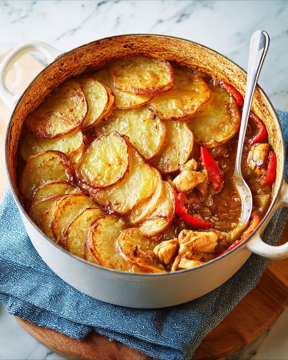 A white round pot filled with a baked dish shows a top layer of thinly sliced golden potatoes arranged in a circular pattern, some edges crisp and browned. Underneath, chunks of brownish meat and red bell peppers are visible in a thick brown sauce. The pot is sitting on a wooden board and wrapped partly in a blue cloth on a white marbled surface. A metal spoon rests inside the pot, angled toward the top right. Photo taken with an iphone --ar 4:5 --v 7