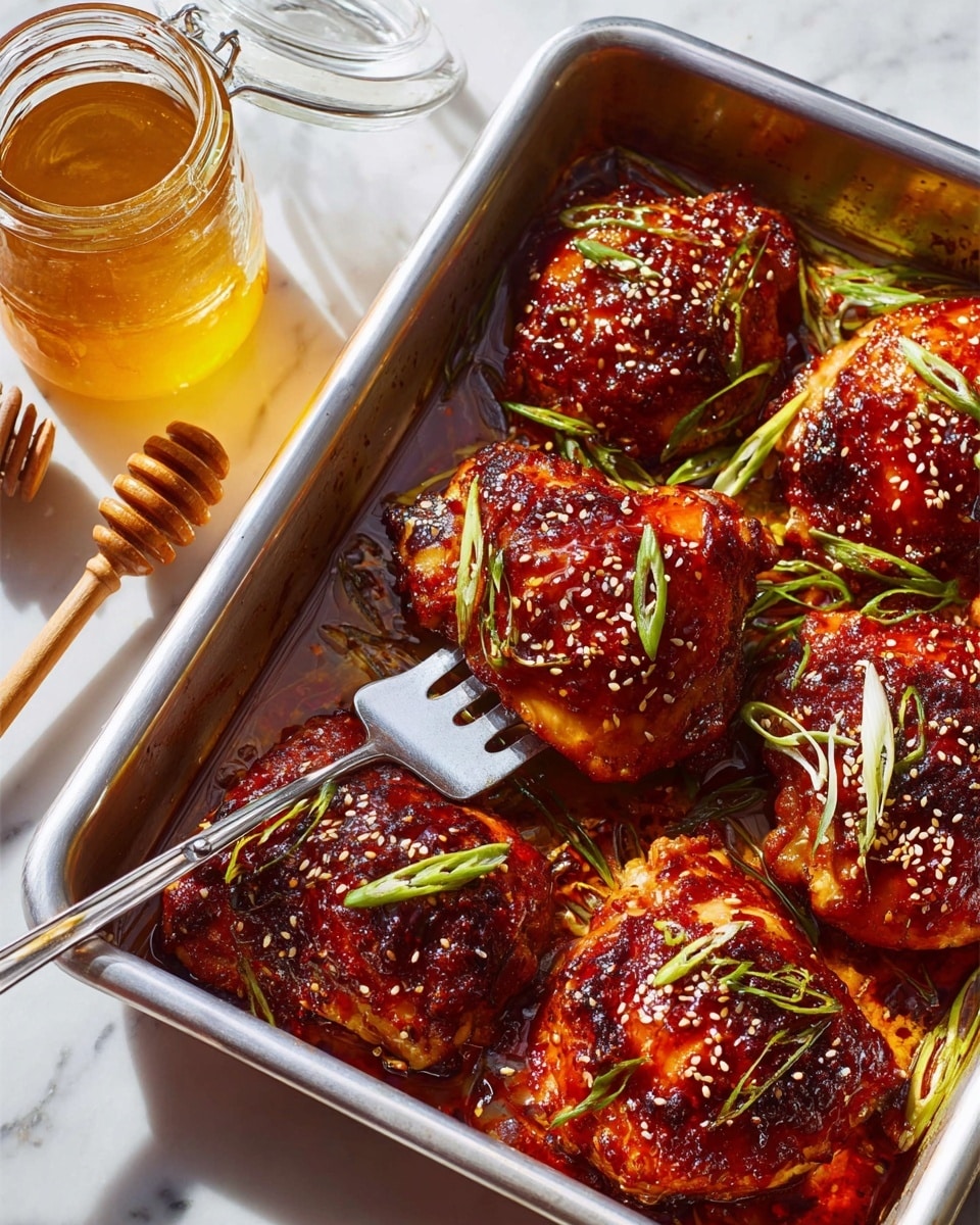 The image shows a metal baking pan filled with six pieces of roasted chicken thighs coated in a shiny, thick reddish-brown sauce with a slightly charred texture on top. The chicken pieces are sprinkled with light beige sesame seeds and garnished with thin, bright green curled scallion strips spread evenly across the surface. A metal spatula is lifting one chicken thigh from the pan. To the left, there is a clear glass jar with golden honey and a wooden honey dipper resting on a white marbled surface. The overall scene is bright with natural light highlighting the glossy textures. Photo taken with an iphone --ar 4:5 --v 7