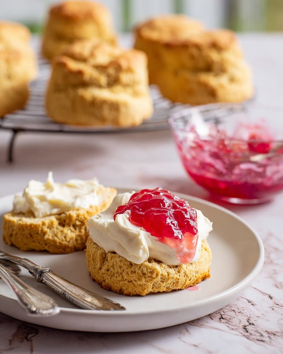 A split golden brown scone rests on a white plate with the bottom half topped by a thick layer of smooth, white clotted cream, and a dollop of bright pink, slightly chunky strawberry jam sitting on top. The plate also holds the other half of the scone with a rough, crumbly texture facing up, and a small butter knife with some clotted cream and jam on its blade lies nearby. In the background, three whole scones with a slightly cracked, golden crust sit on a wire rack, and a clear glass bowl filled with the same pink jam is partially visible to the right. The scene is set on a wooden surface with a blurred green backdrop. Photo taken with an iphone --ar 4:5 --v 7