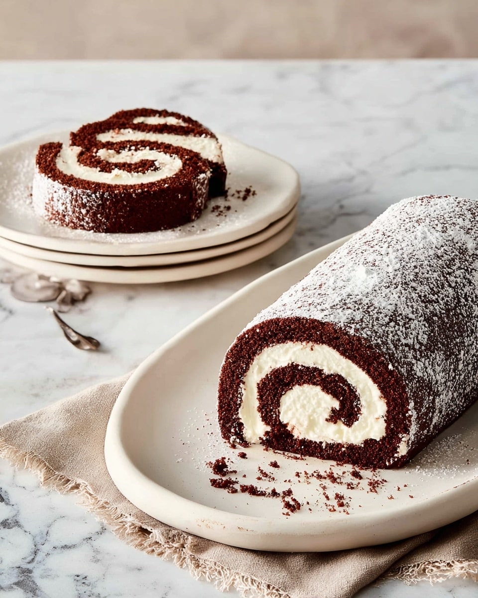 The image shows a chocolate roll cake with two visible layers: a dark brown, soft-looking chocolate sponge rolled around a creamy white filling, forming a spiral pattern. The outside of the roll is dusted with a light layer of powdered sugar that gives a slightly rough texture. One thick slice is cut from the roll and placed standing beside it on a white plate, revealing the spiral clearly. Another single slice is on a separate white plate next to a light beige cloth napkin. The whole setup is on a white marbled surface. photo taken with an iphone --ar 4:5 --v 7