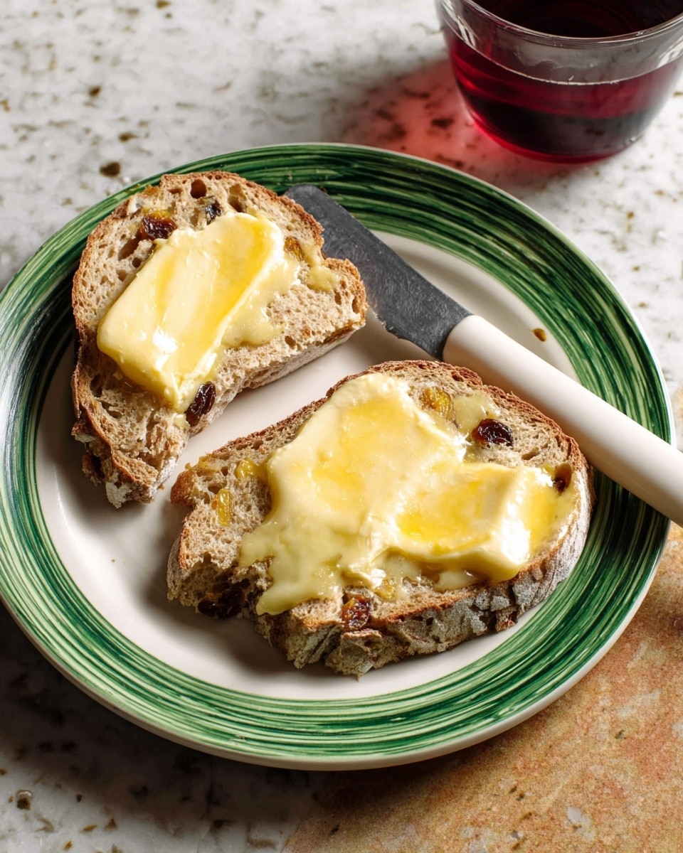 Two pieces of raisin bread scone sit on a white plate with green patterns, placed on a white marbled surface. Each scone is cut in half, showing a light beige, crumbly texture with visible raisins scattered throughout. Both halves have soft, melting yellow butter spread unevenly on top. Near the plate, a knife with a white handle and a bit of butter on the blade rests on the edge. In the upper right, a glass jar filled with red jam is partly visible. Photo taken with an iphone --ar 4:5 --v 7