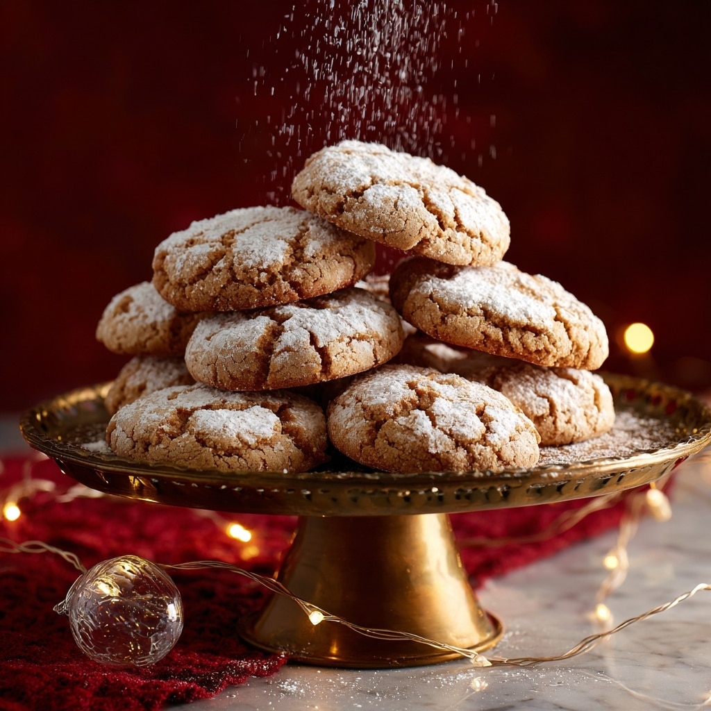 A stack of about ten large, round cookies with a light brown, cracked surface sits on a shiny, gold pedestal cake stand. The cookies are topped with a dusting of white powdered sugar, and more powdered sugar is falling from above onto them. The scene is set on a red textured cloth with a small clear glass ornament and delicate string lights placed around the stand. The background is deep red, creating a warm contrast with the cookies and the white marbled surface beneath. Photo taken with an iphone --ar 4:5 --v 7