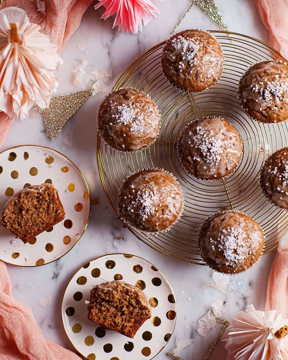 A group of seven round chocolate muffins with a glossy glaze and white sugar sprinkles on top are placed on a round gold wire cooling rack in the center. One muffin has a darker brown top. To the bottom left and right, two white plates with gold polka dots hold one muffin each, with the plate on the right showing a split muffin revealing a moist, crumbly inside. The scene is set on a white marbled surface with soft beige and red ribbons, along with colorful party decorations in the background. photo taken with an iphone --ar 4:5 --v 7