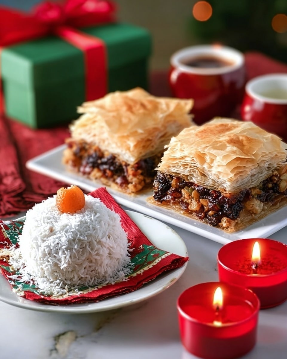 The image shows three pieces of a layered dessert with golden, flaky tops and a rich, dark filling that looks like a mix of nuts and dried fruits, placed on a white rectangular plate on a white marbled surface. In front of these slices, there is a round, white, coconut-covered sweet with a small orange decoration on top, set on a white plate with a Christmas-themed napkin underneath. To the right side, two red tealight candles with small flames add a warm glow. In the background, a green gift box with a red ribbon sits slightly out of focus. photo taken with an iphone --ar 4:5 --v 7