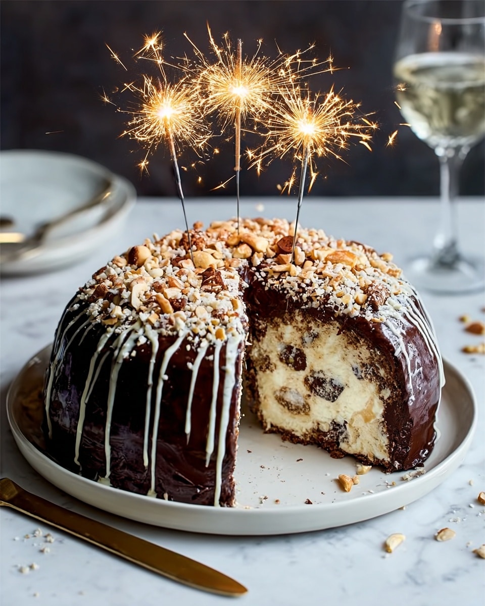 A round cake with a rich dark chocolate coating covers the entire surface, featuring white chocolate drizzles running down in thin, uneven lines. The top of the cake is sprinkled with small light brown and white crunchy bits. A slice is cut out, showing a thick layer of creamy white filling with small dark chocolate chunks inside. Four lit sparklers are placed at the top, adding bright sparkling light. The cake sits on a white plate on a white marbled surface, with a gold-colored knife beside it, and a blurred glass in the background. photo taken with an iphone --ar 4:5 --v 7