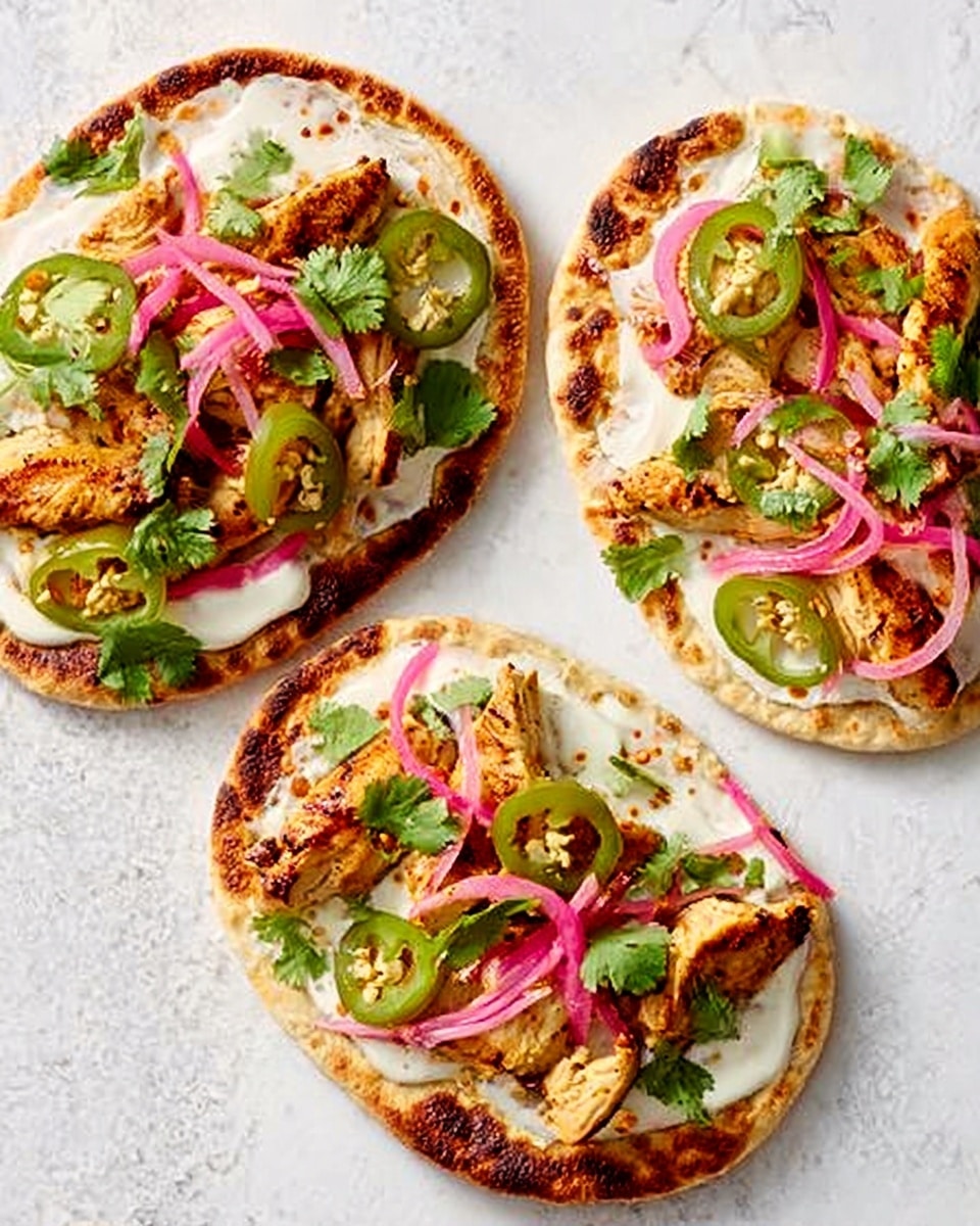 Three small flat breads each topped with a creamy white sauce layer, followed by golden brown grilled chicken pieces placed on top. Bright green slices of jalapeno peppers and thin spiral strips of pink pickled onions are spread over the chicken. Fresh green cilantro leaves are scattered across the flat breads. The flat breads have a slightly toasted, golden edge and are arranged on a white marbled surface. Photo taken with an iphone --ar 4:5 --v 7