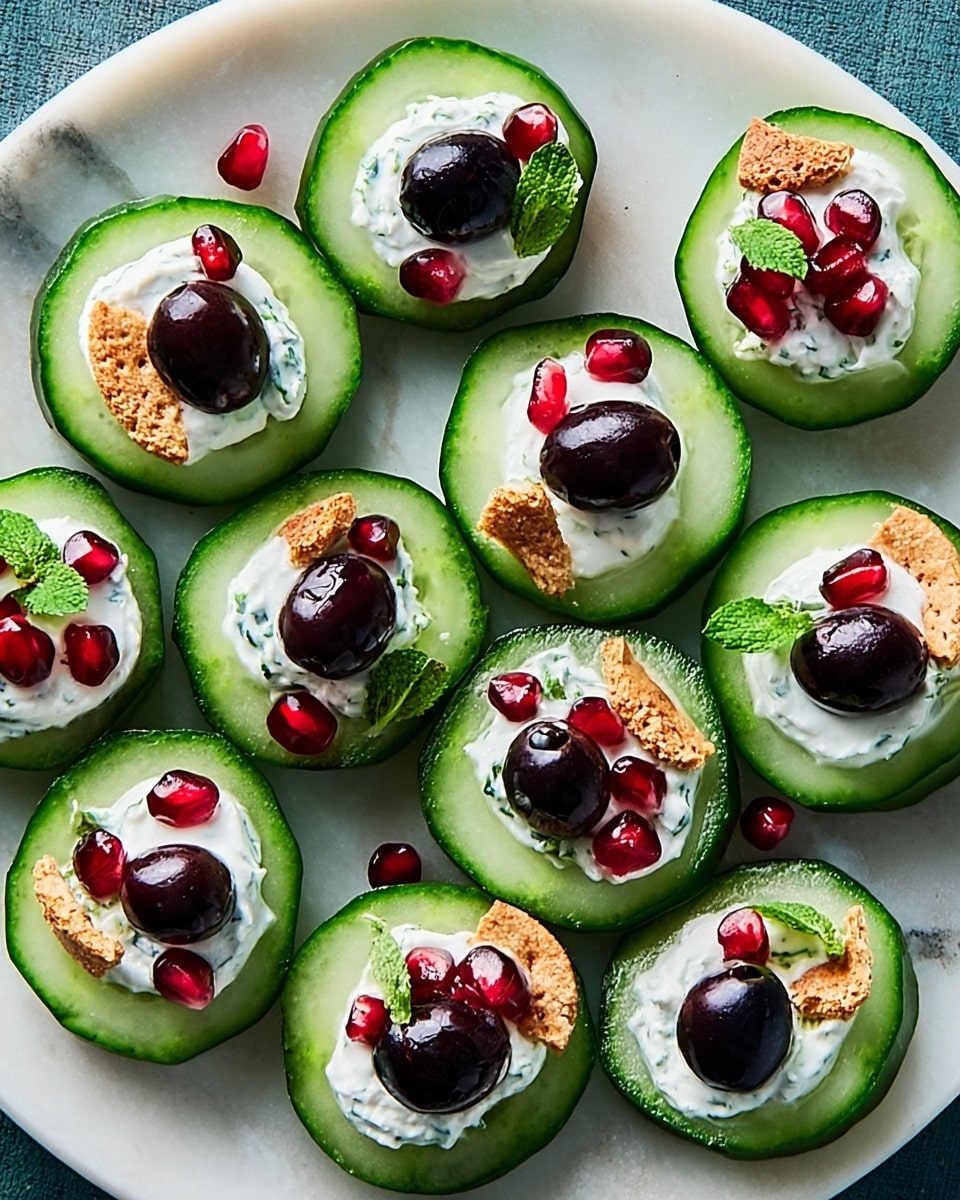 A white plate filled with round cucumber slices, each topped with a small dollop of white cream cheese or yogurt. On some slices, there is one black olive placed on top of the cream, and on others, a few bright red pomegranate seeds and a tiny green herb leaf. A few slices also have a small, light brown crispy cracker piece tucked into the cream. The plate sits on a white marbled surface, the colors are fresh and bright, showing the green cucumber skin, white cream, black olives, red seeds, and light brown crackers clearly. Photo taken with an iphone --ar 4:5 --v 7